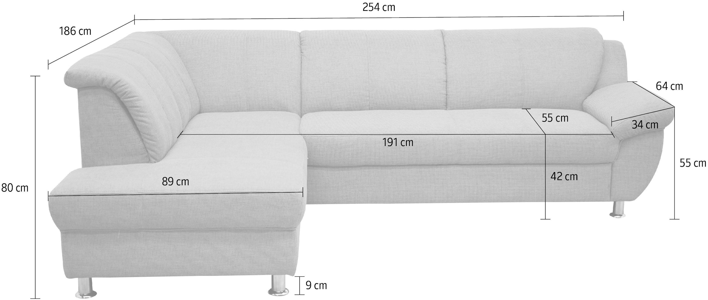 DOMO collection Ecksofa »Pilar, elegant und zeitloses Design, komfortabel, bequeme Armlehnen«, mit Ottomane, wahlweise mit Bettfunktion, L-Form
