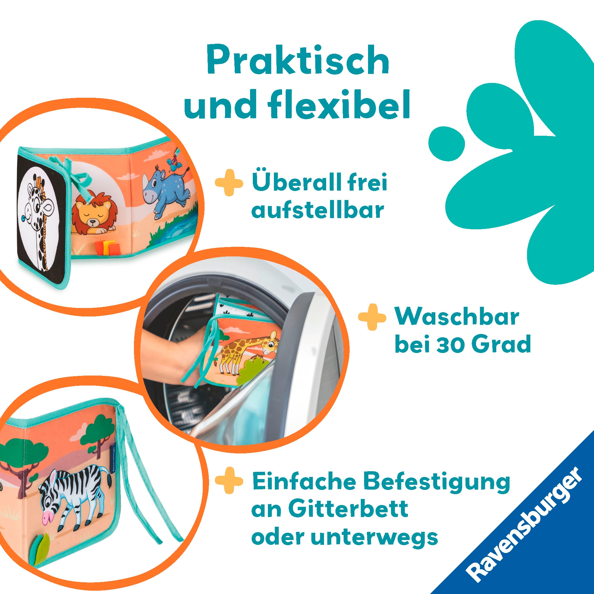 Ravensburger Greifspielzeug »Play+ Mein allererstes Stoffbuch (für die Bauchlage): Wilde Tiere«, (;Leporello); FSC® - schützt Wald - weltweit