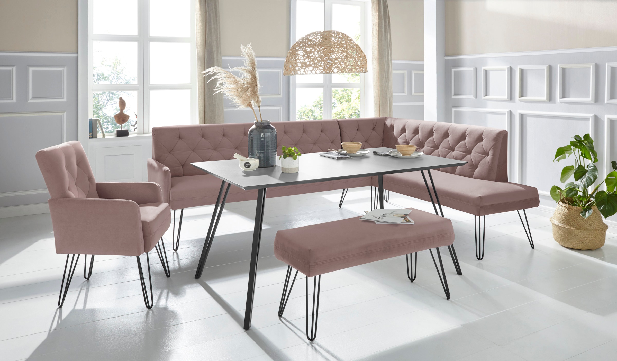 exxpo - sofa fashion Eckbank »Doppio, Chesterfield Optik, komfortabel und bequem, hohe Designfüße«, Frei im Raum stellbar