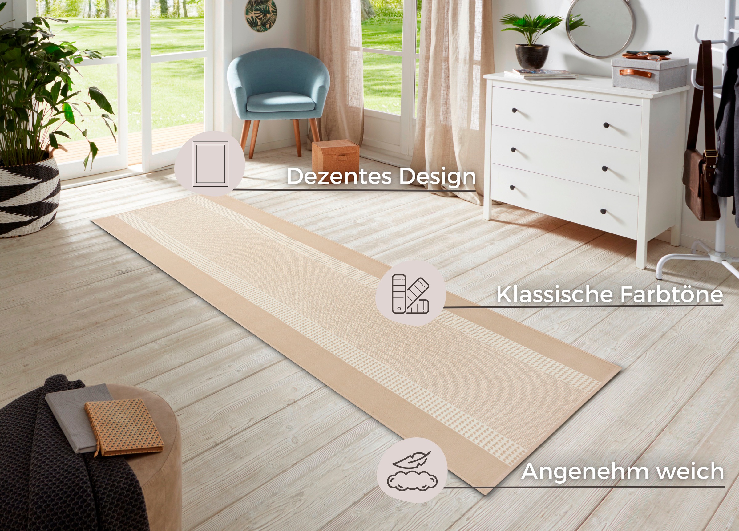 Teppich HANSE HOME "Band", weiß (ivory), B:80cm H:9mm L:500cm, Kunstfaser, Teppiche, Teppich, Kurzflor, weich, Läufer Größen, Wohnzimmer, Schlafzimmer, Esszimmer 3