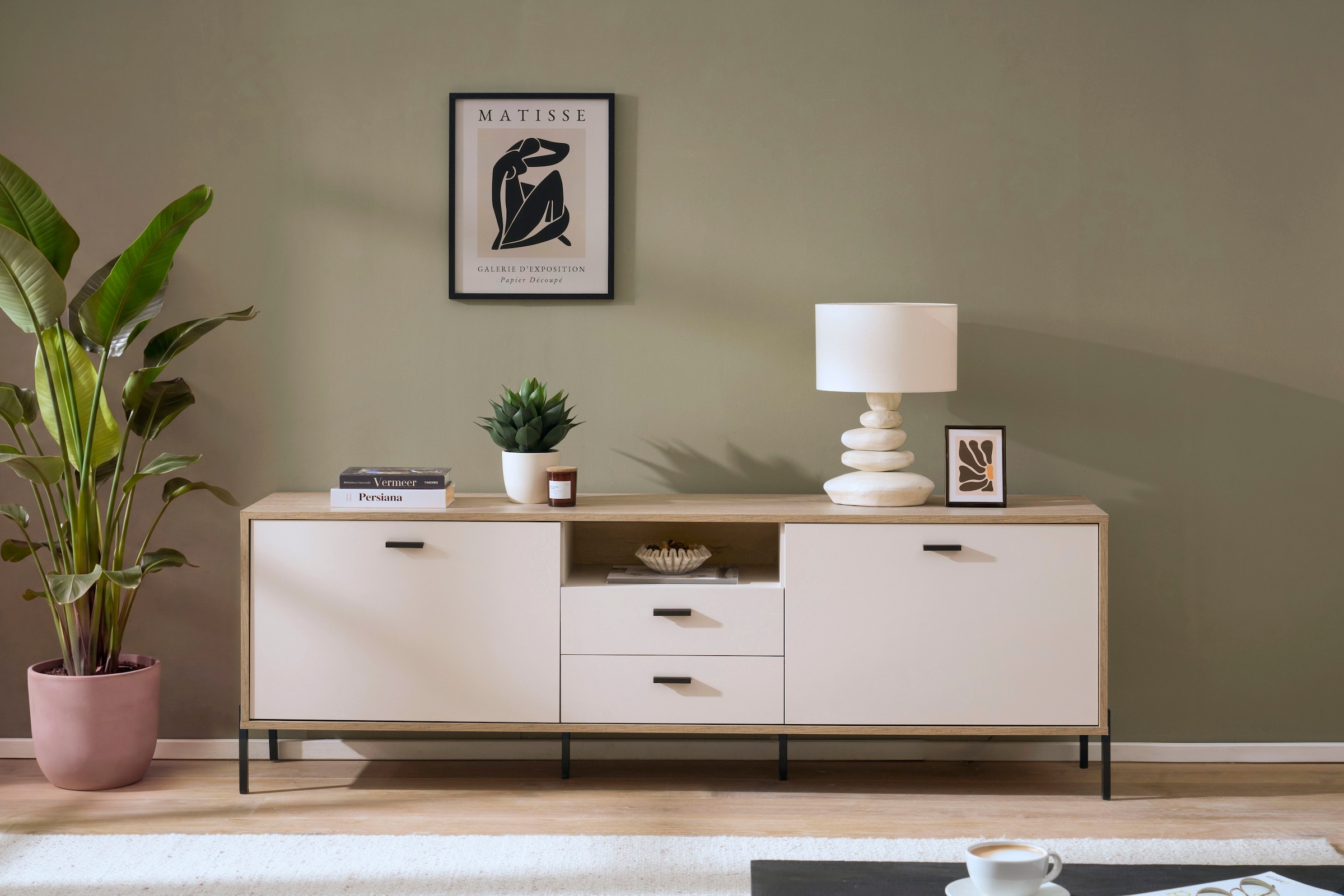 Home affaire Lowboard "Fredericia, TV-Schrank in Kaschmir, moderner TV-Unterschrank, Kommode" zeitlos, schwarze Metallgriffe und -füße, ausreichend Stauraum