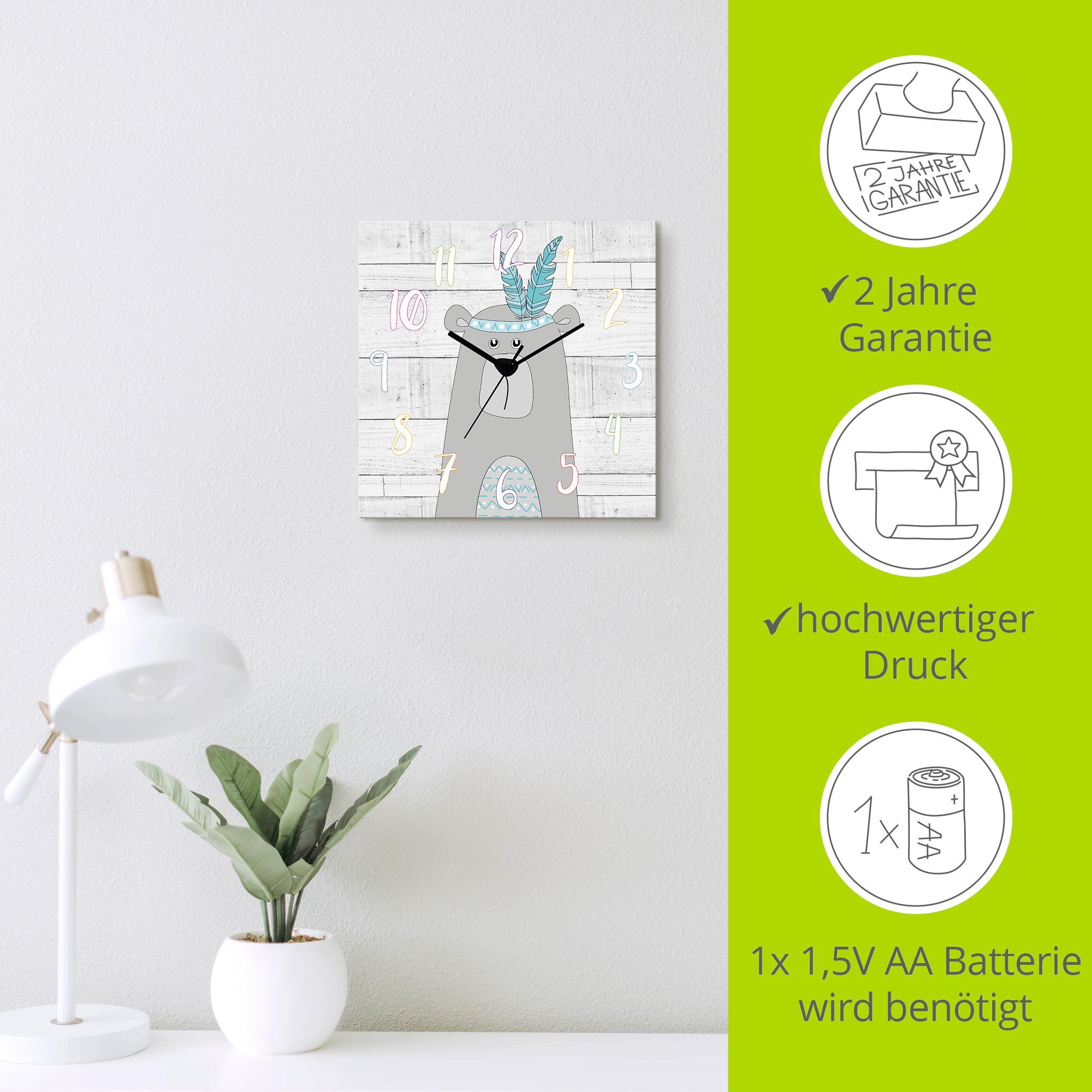 Artland Wanduhr »Bär« wahlweise mit Quarz- oder Funkuhrwerk, lautlos ohne Tickgeräusche