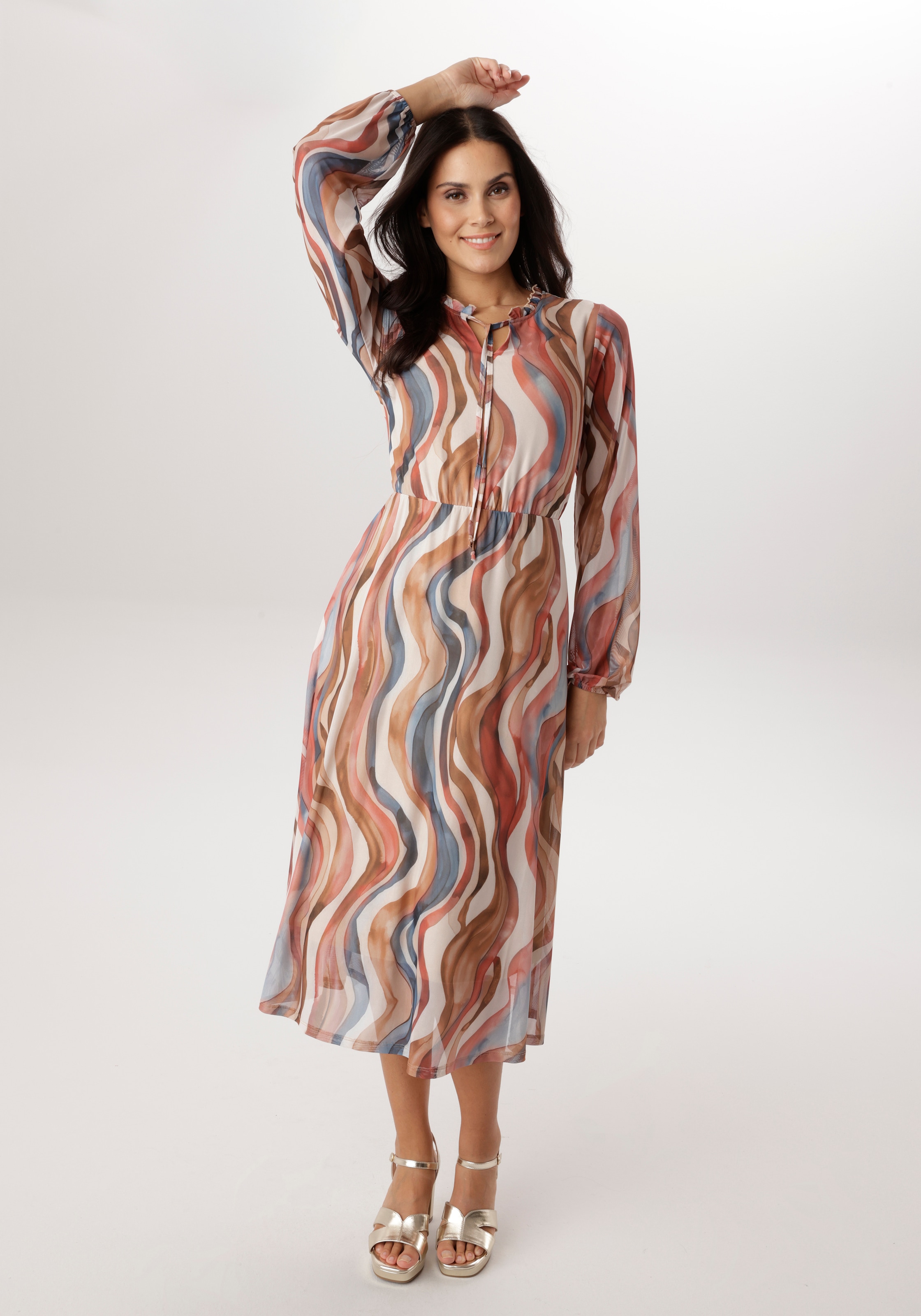 Aniston SELECTED Midikleid V-Ausschnitt mit Rüschen und Bindebändern - NEUE günstig online kaufen