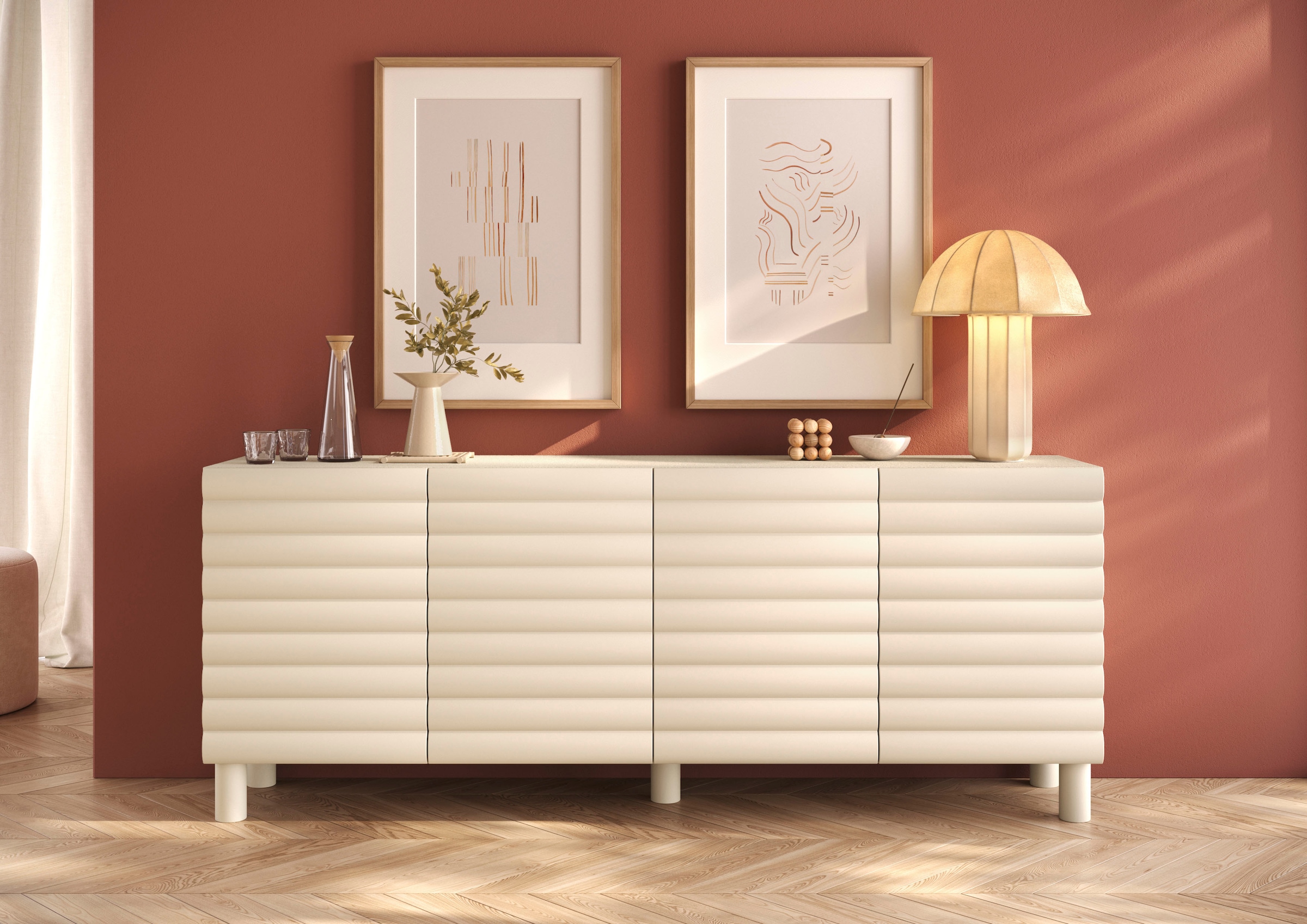 OTTO home Sideboard "Adria, 202 cm breit, 4 Türen, Anrichte, Kommode, Stauraumschrank" Korpus Talco Spatolato, MDF-Fronten in 3D-Design, viel Stauraum