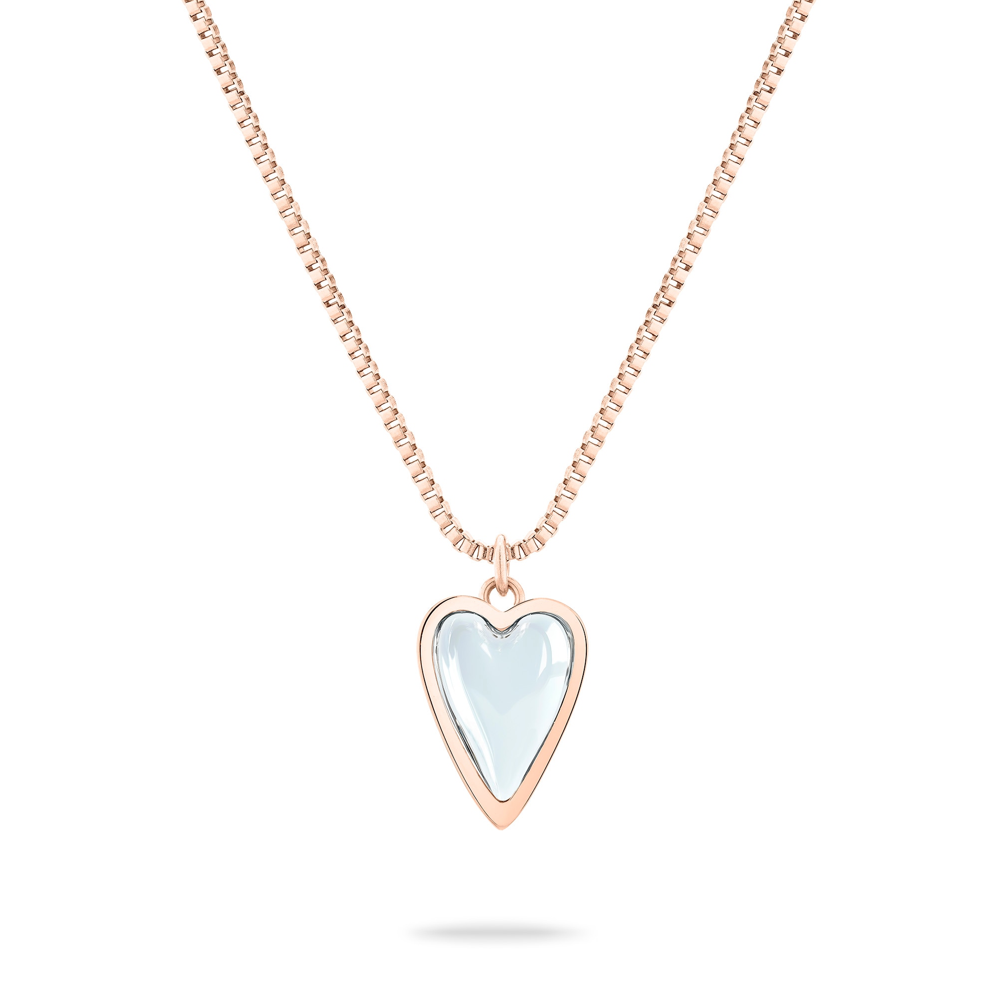 Kette mit Anhänger LIEBESKIND BERLIN "Schmuck Geschenk Edelstahl Halskette Glass Heart", roségoldfarben, transparent, Halsketten, Damen, Edelstahl, L: 45 B: 1,3mm, mit Glasstein, B:1,3mm