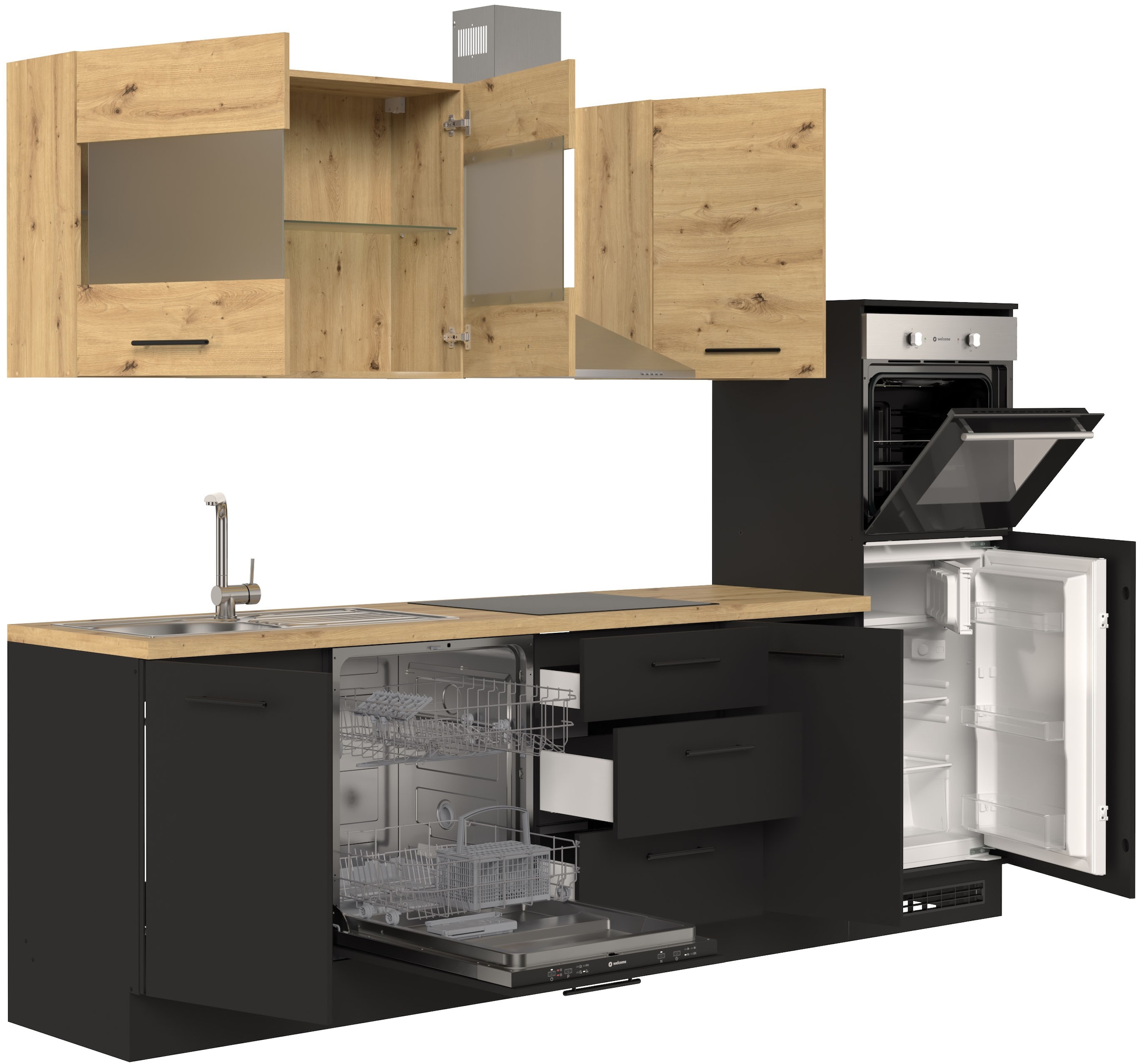 BASIC by Balculina Küchenzeile »Capri B/T/H 280x60x218 cm« Breite 280 cm, wahlweise mit edelstahlfb. oder schwarzen E-Geräten