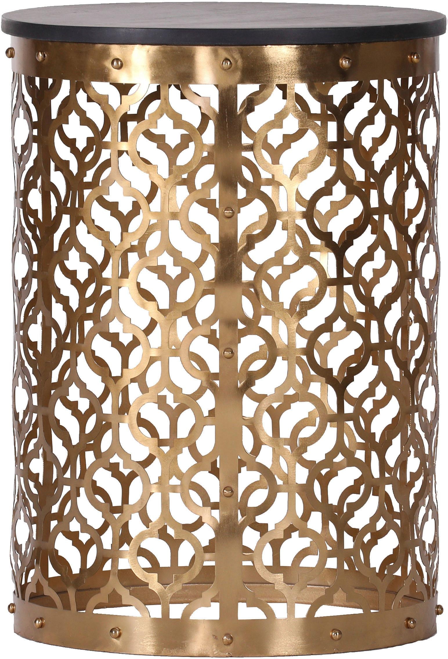 Leonique Beistelltisch »Menton«, mit kunstvollem Metallgestell in gold und dunkler Massivholzplatte
