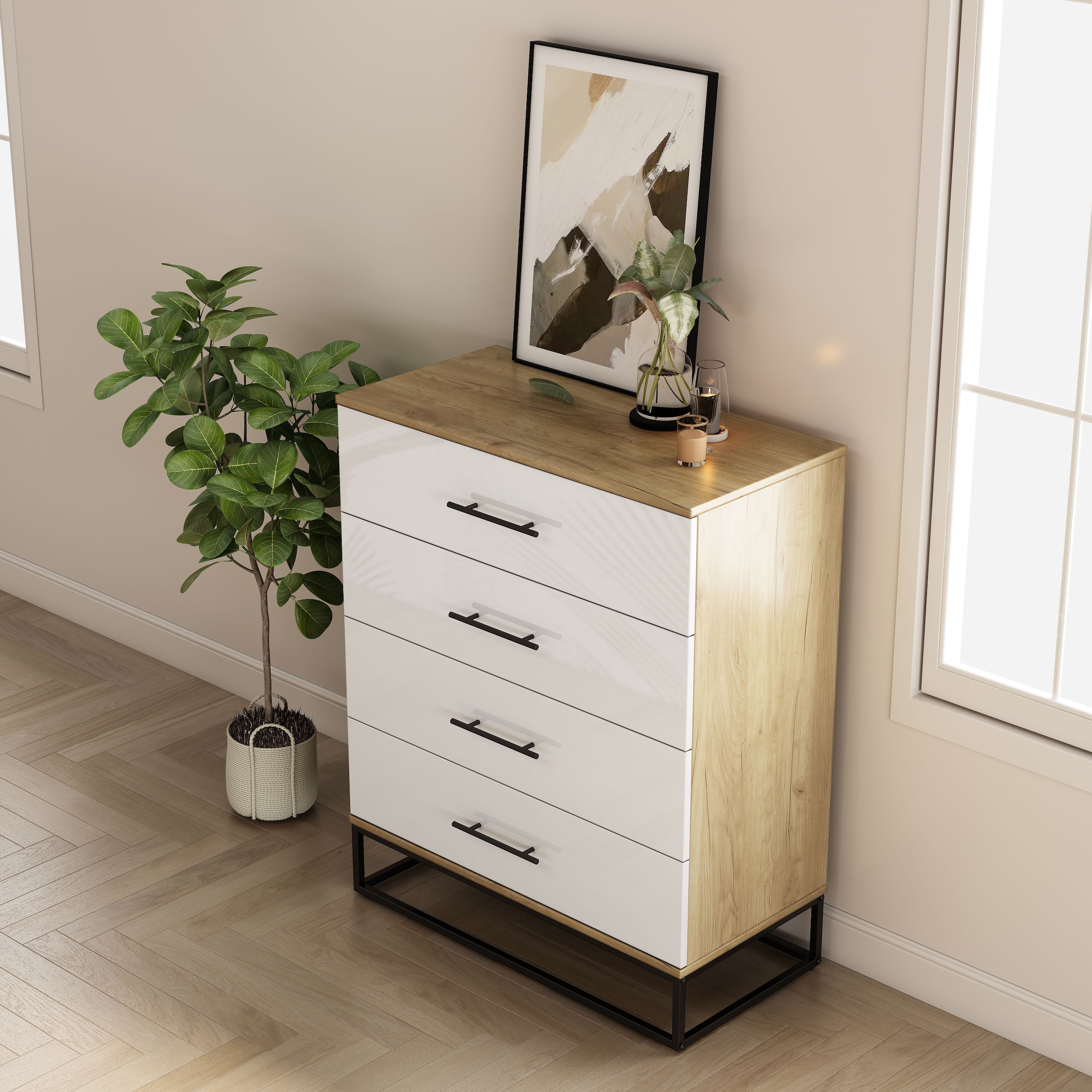 OTTO home Schubkastenkommode »Lucca Sideboard mit schwarzen Griffen 4 Schubladen Kufengestell« Hochwertige Hochglanzfronten in weiß,  Kommode Wäscheschrank im Loft Design mit 4 Schubladen
