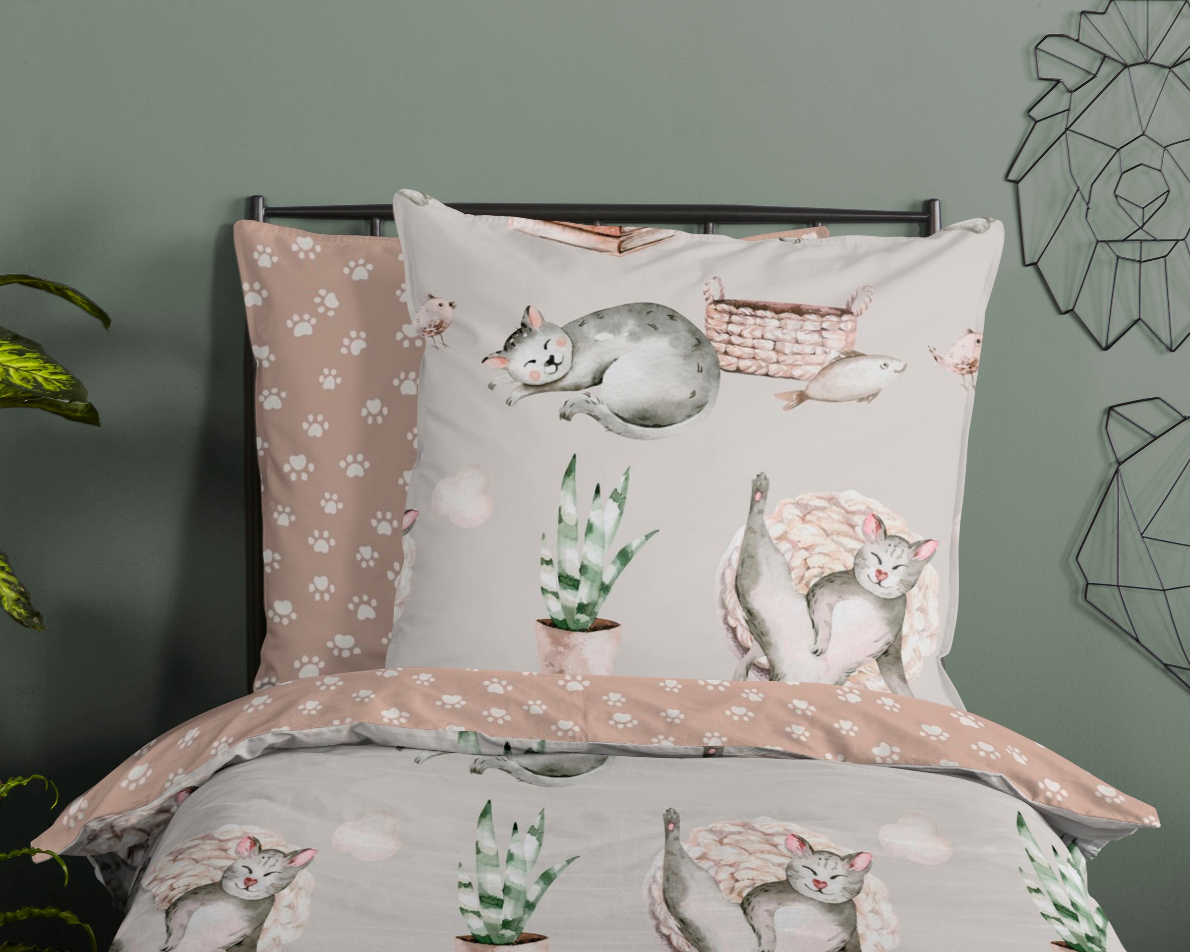 Thumbnail - good morning Kinderbettwäsche "Catlife" 2 Stk. Baumwolle, 135x200, Reißverschluss, Wendeoptik, Kind, Katze, Grau