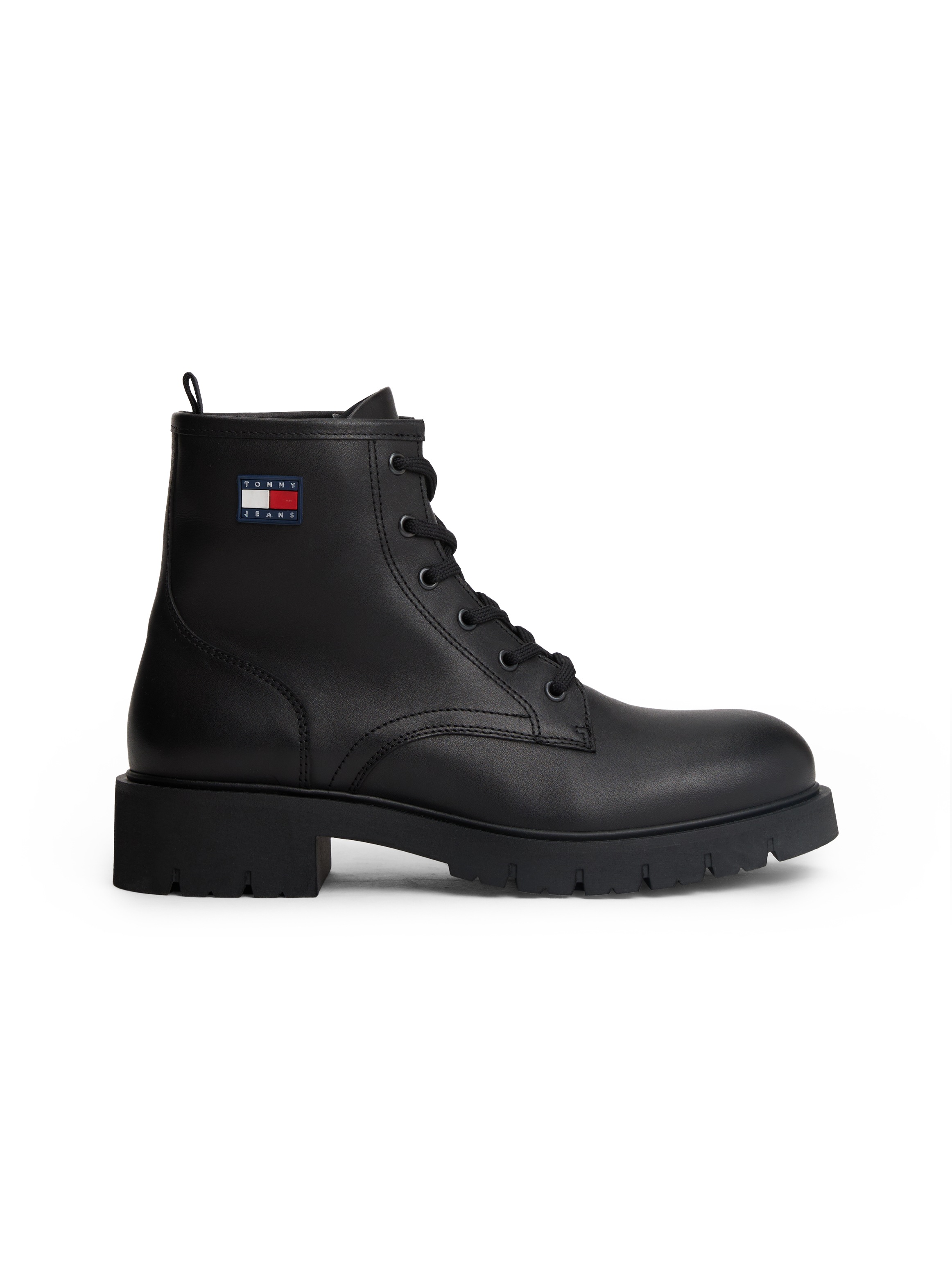 Tommy Jeans Schnürboots »TJW LACE UP LEATHER BOOT«, Blockabsatz, Schnürstiefelette mit Logoflag an der Seite