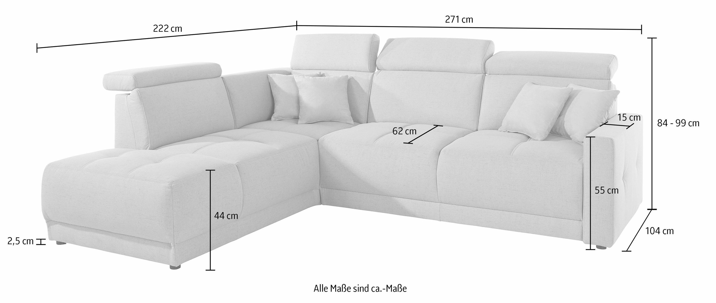 DOMO collection Ecksofa »Ava, moderne Sitzheftung mit toller Doppelnaht, komfortabel, L-Form«, mit Ottomane, inkl. Federkern, wahlweise mit Kopfteilverstellungen