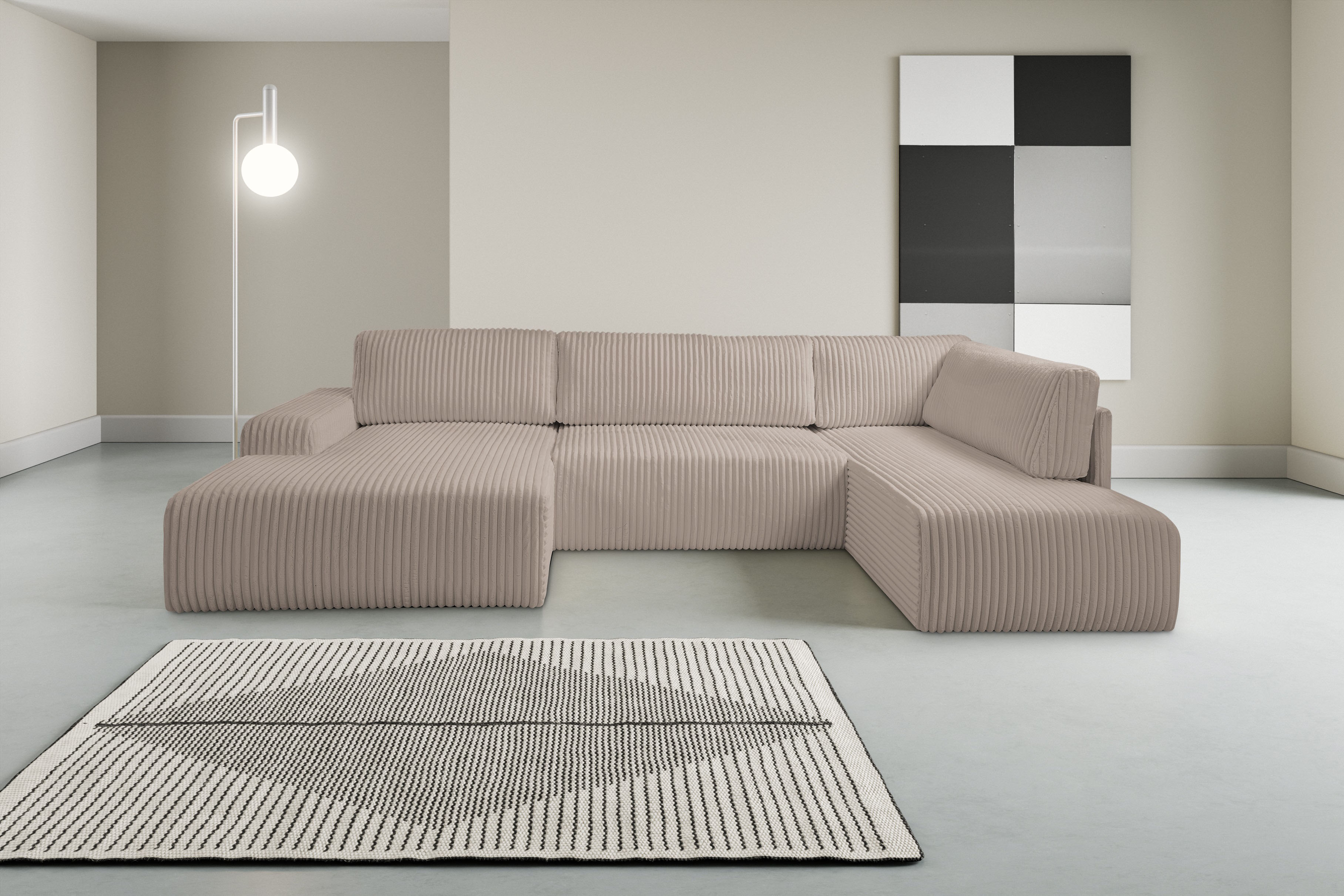 WERK2 Wohnlandschaft "Rotterdam 325 x 190 cm modern und bequem" Breitcord, U-Form, XXL, Schlaffunktion, Bettkasten