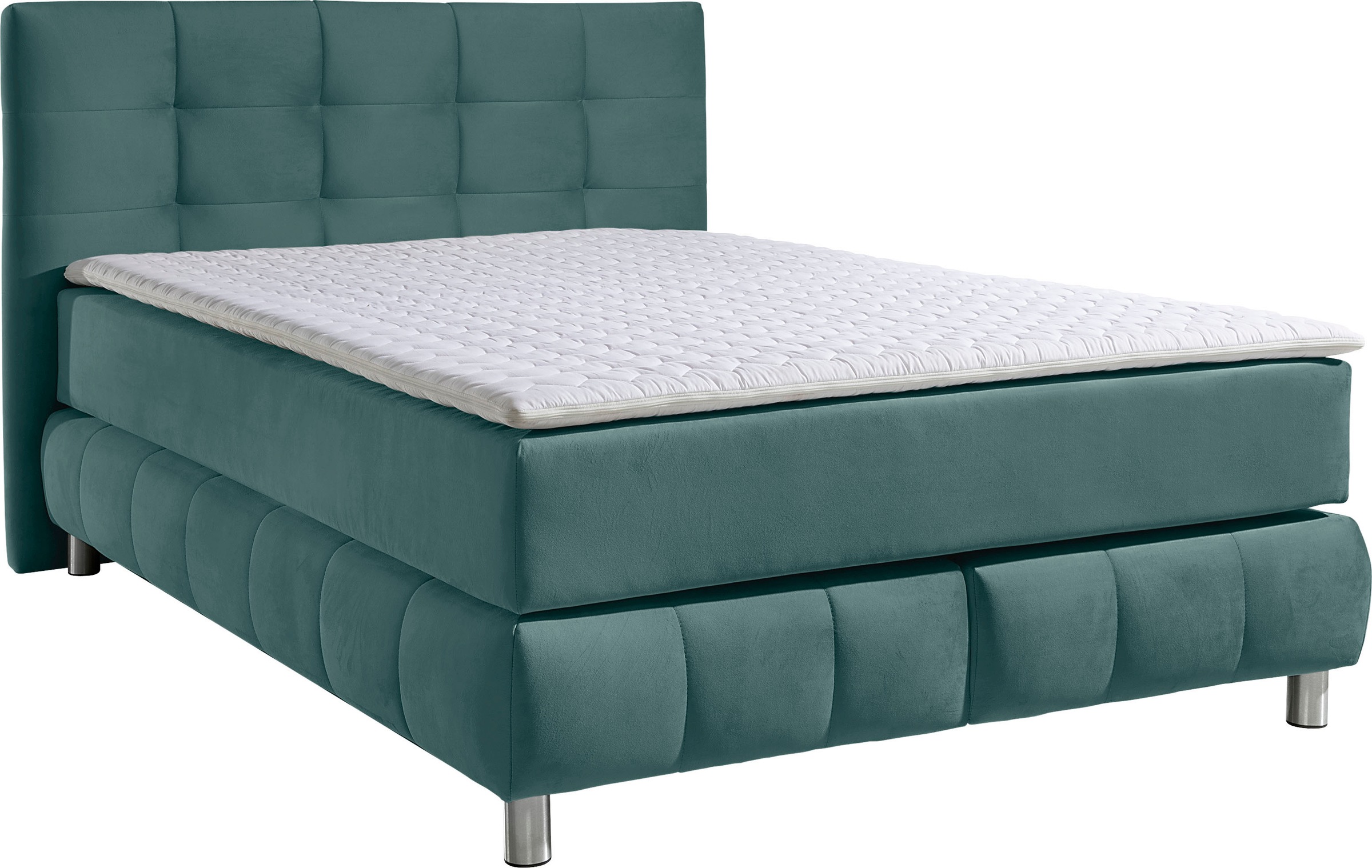 Boxspringbett HOME AFFAIRE "Salo", blau (petrol), B:154cm L:211cm, Struktur (100% Polyester);Bezug der Spiegelfläche Matratzendrell aus 100% Polyester;Samtoptik (100% Polyester), Komplettbetten, Boxspringbett, incl. Topper, 6 Breiten, 2 Härtegrade, TFK au 9