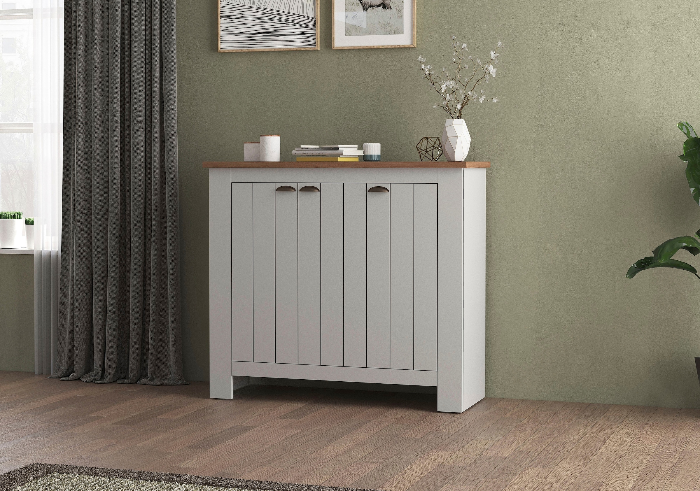 INOSIGN Schuhschrank »FIGO, Made in Italy – Schuhkommode,Schuhregal für ca. 30 Paar Schuhe«, (1 St.), 3-Türig, Siebdruck-dekorative Fräsungen, 10 Fächer, Höhe: 100 cm