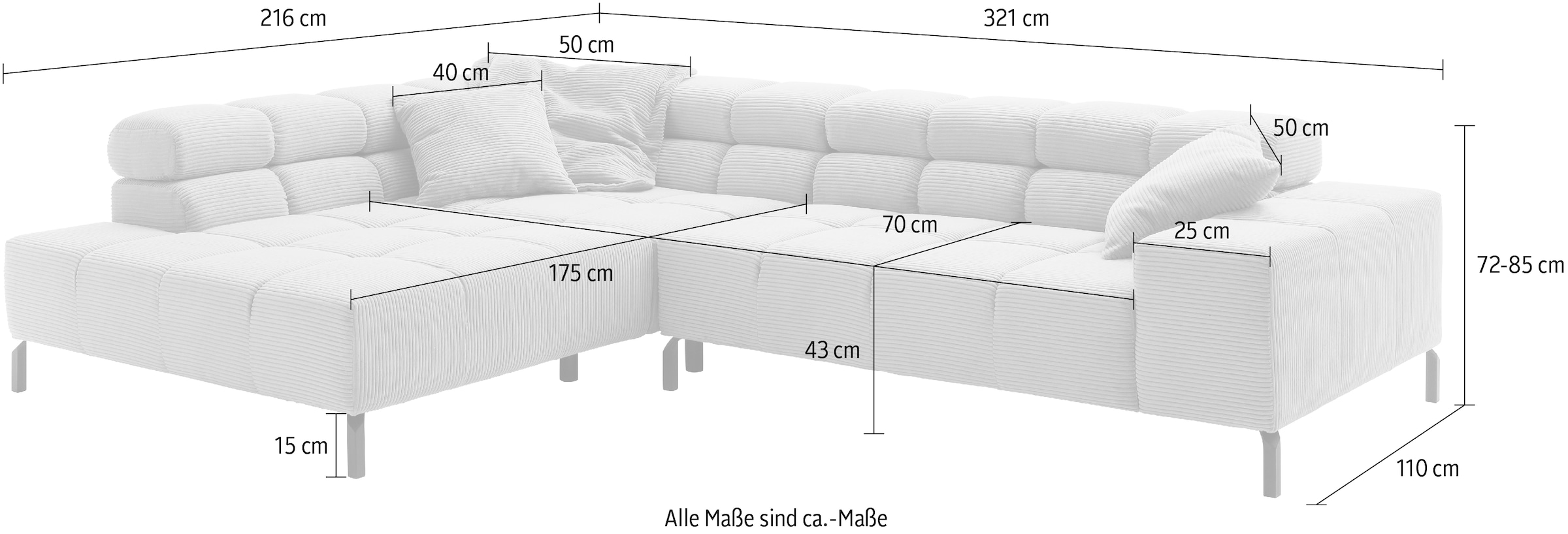 INOSIGN Ecksofa »Ancona New, wahlweise motorische Sitztiefenverstellung, auch Cord«, feine Steppung, mit Kopfteilverstellung, 3 Zierkissen, L-Form