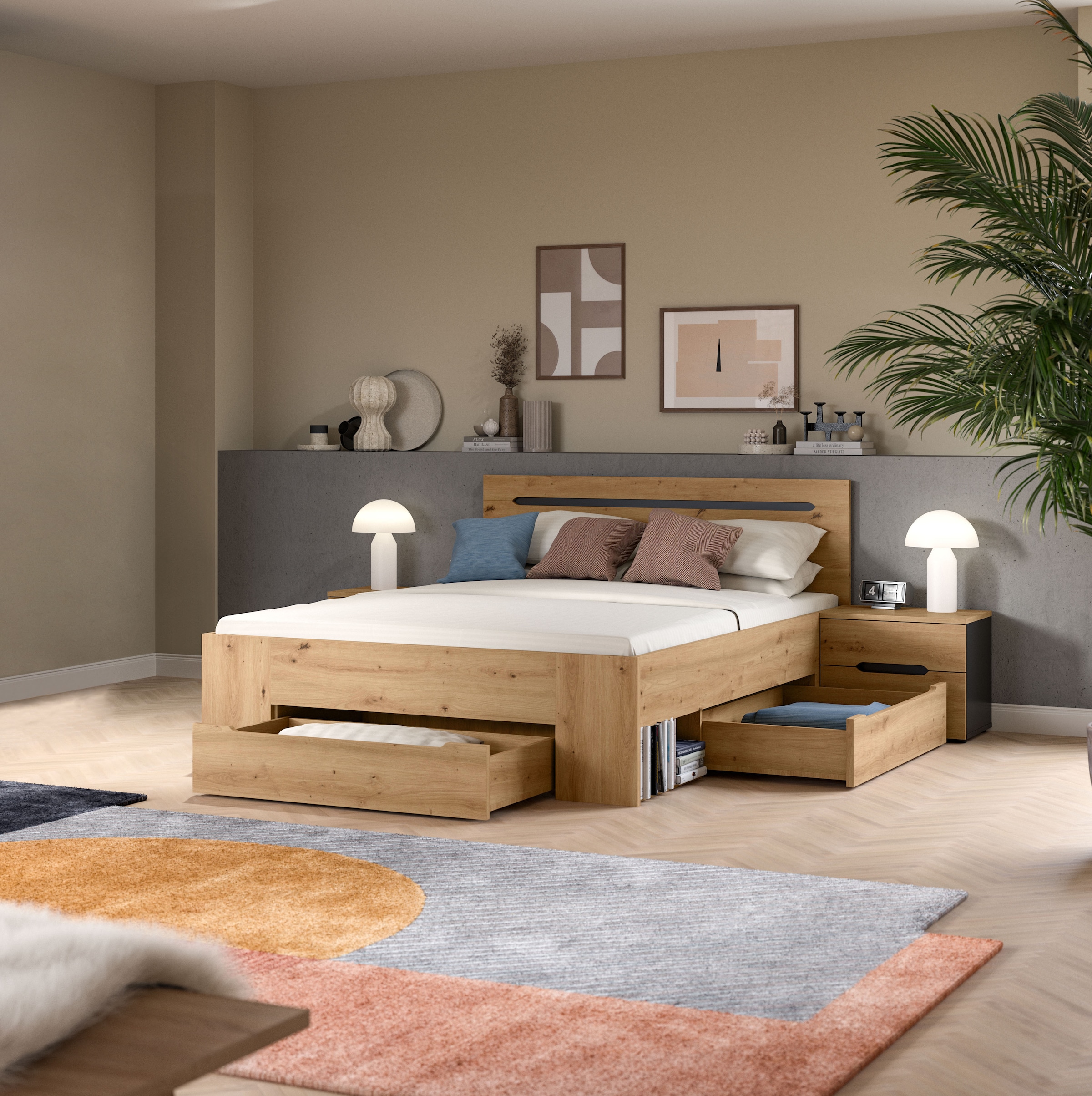 Home affaire Schlafzimmer-Set »REHAT, 3-teilig, bestehend aus: Stauraumbett & 2x Nachtkommode« TOPSELLER!, für Matratzengröße 140x200 cm, viel Stauraum, 3 Stk. tlg. Rehat, Schlafzimmerset, Bett 140x200 cm, 2 Nachttische