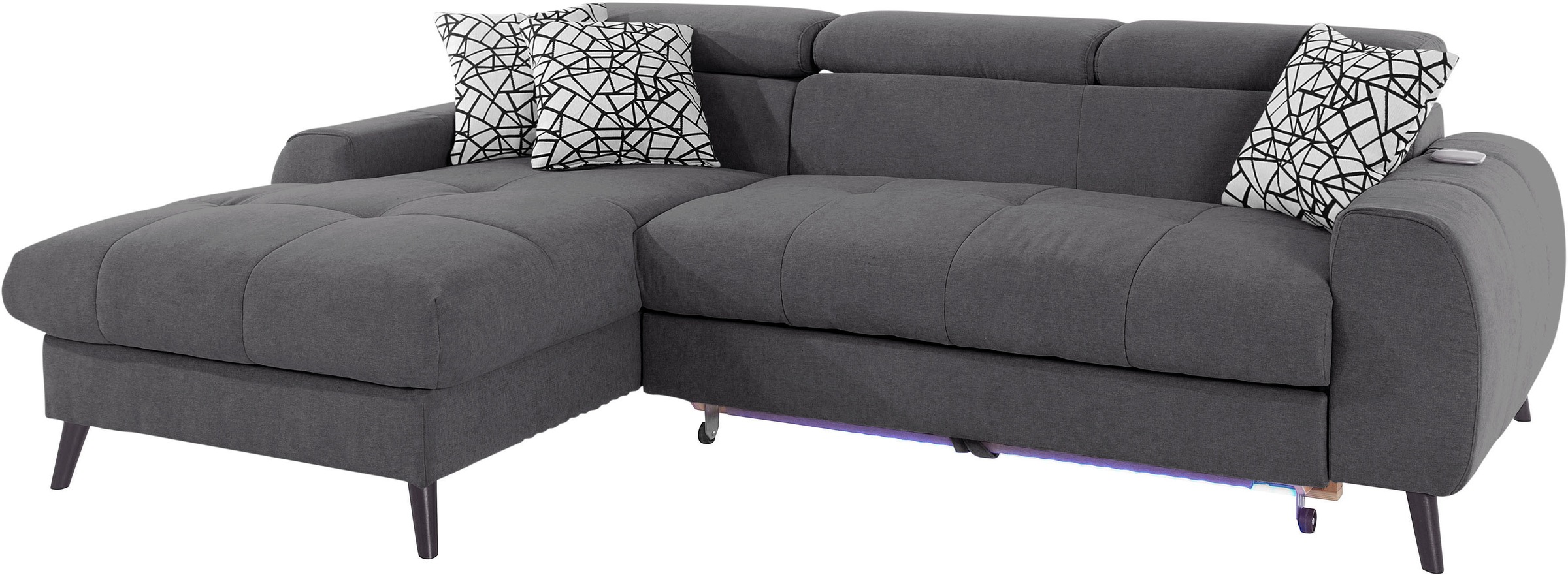 COTTA Ecksofa »Mia L-Form mit 3 Zierkissen«, wahlweise mit Bettfunktion, Bettkasten, Beleuchtung & Wireless-Charger