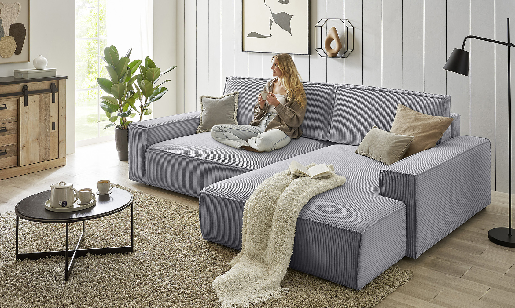 OTTO home Ecksofa "SHERWOOD XXL Cord 284, Big-Sofa L-Form, tiefe Sitzfläche 95 cm" Recamiere rechts/links, als Schlafsofa stellbar, Cord u. Leinenoptik