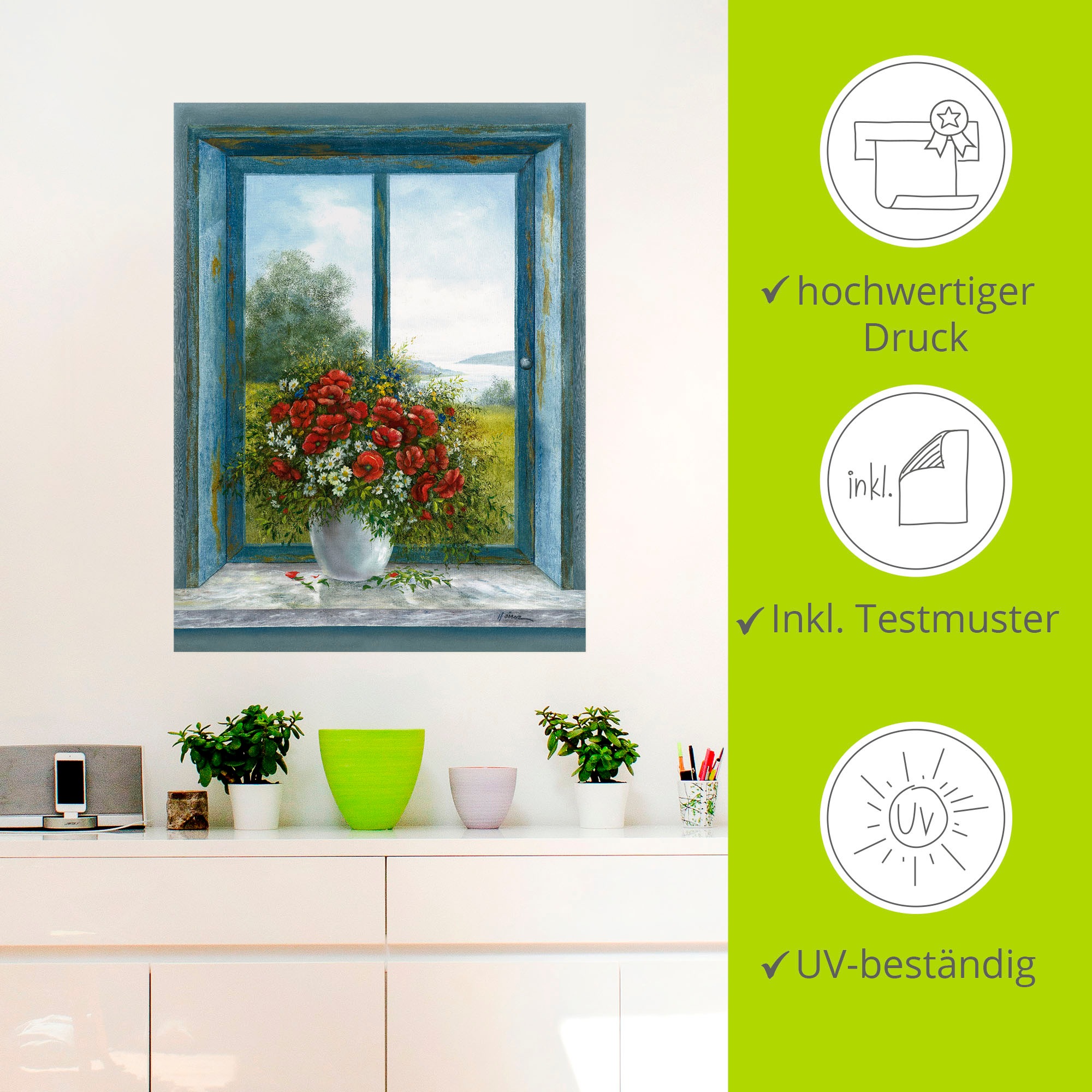 Artland Wandbild »Mohnblumen am Fenster«, Arrangements, (1 St.), als Leinwandbild, Wandaufkleber in verschied. Größen