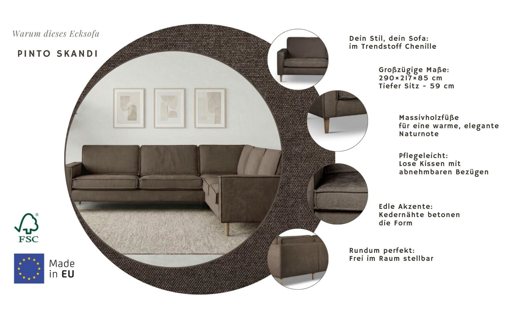 Ecksofa HOME AFFAIRE "Pinto Skandi, 290 cm, Chenille, Struktur, Ottomane links / rechts", braun, B:290cm H:89cm T:250cm, 100% Polyester, Sofas, Ecksofa, mit Keder, Massivholzfüße Eiche geräuchert, Wellenunterfederung 2