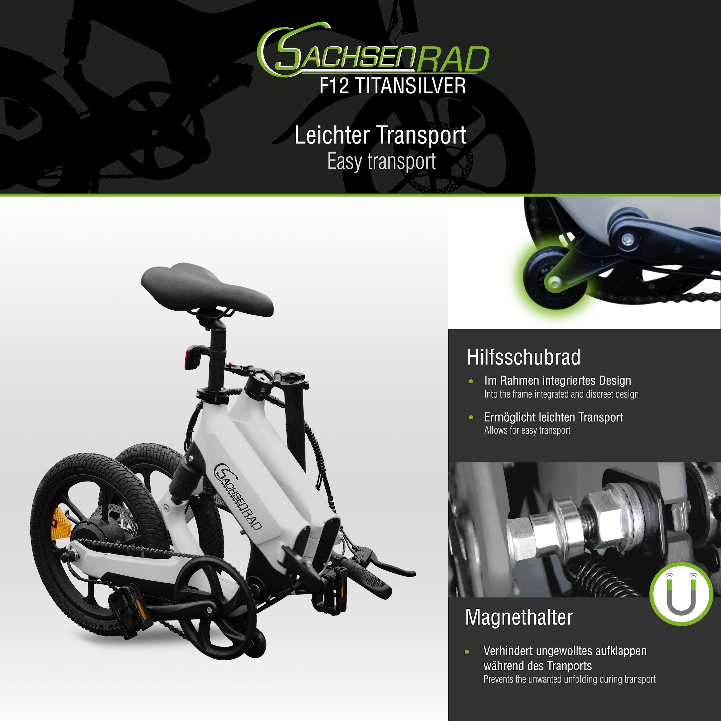 SachsenRad »F12« 1 Gang Shimano keine Schaltwerk ohne Schaltung Heckmotor 250 W LCD-Steuerdisplay, Fahrmodus Pedelec, 
LED-Frontlicht, LED Rücklicht