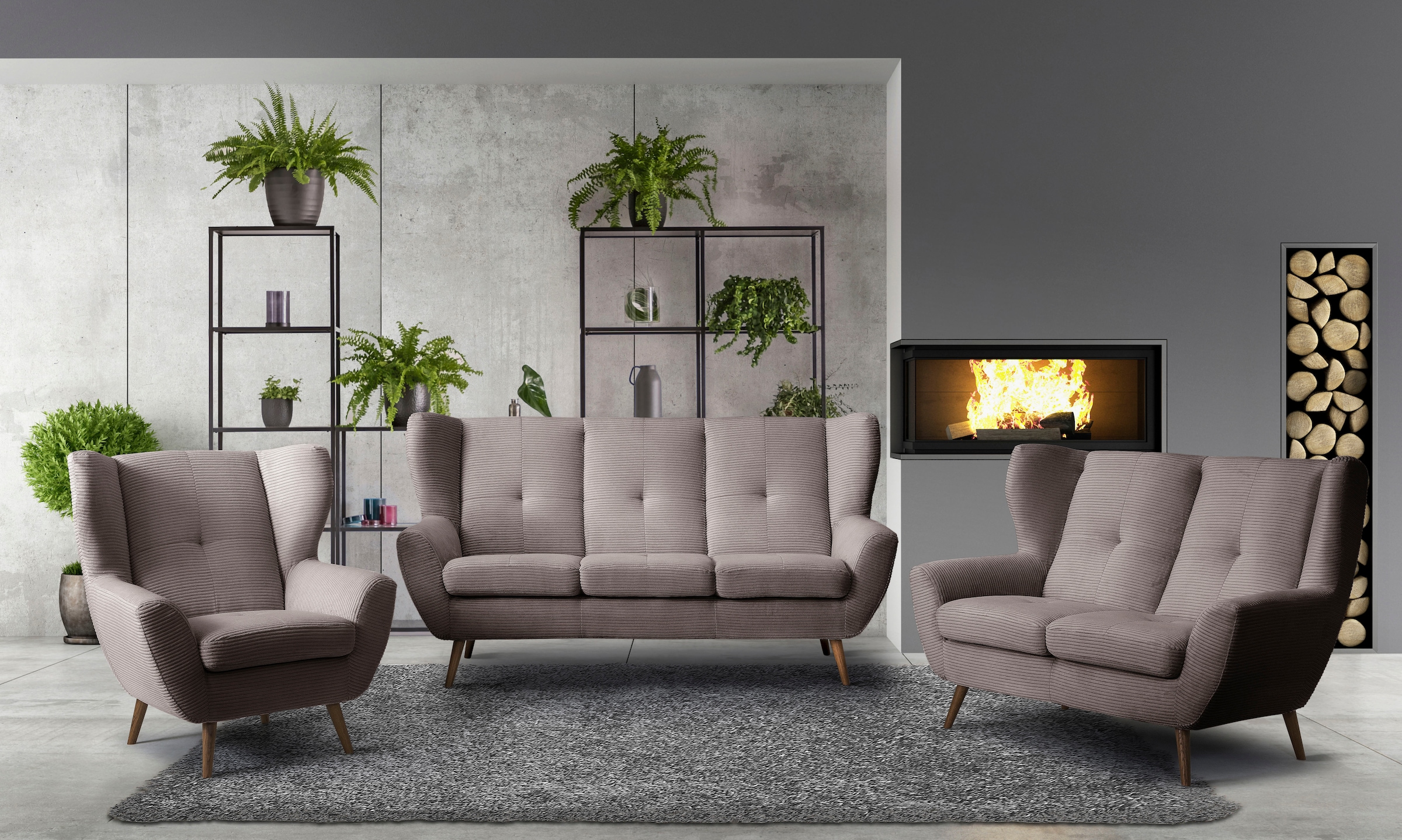 exxpo - sofa fashion Sessel »ALVESTA, Ohrensessel, Loungesessel mit hohem Sitzkomfort«, gemütliche Rückenlehne, mit Knopfheftung und hohen Holzfüßen, in Cord
