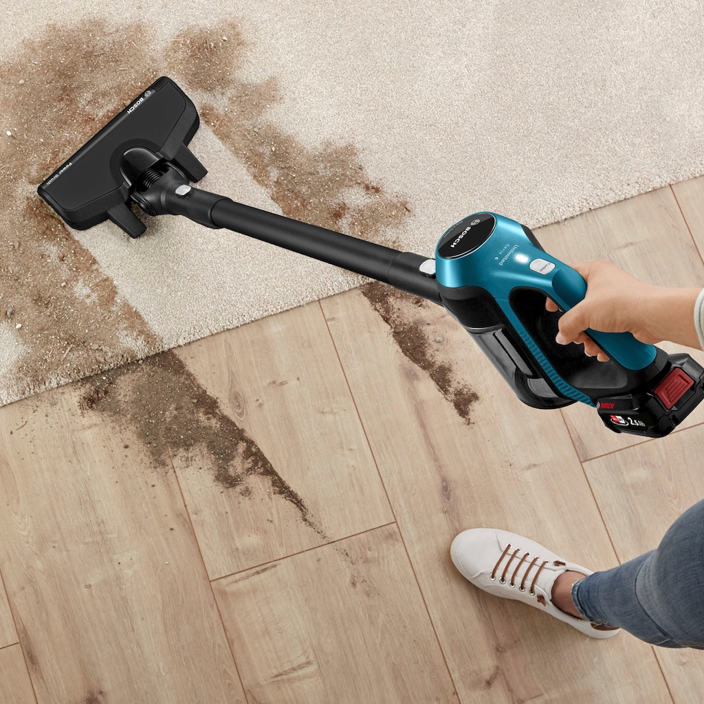 BOSCH Akku-Stielstaubsauger »Unlimited 6 BKS6111P, Hygiene-Filter, 10 Jahre Motorgarantie, leicht«, Akku wechselbar, alle Bodenarten, hohe Saugkraft, lange Laufzeit, blau