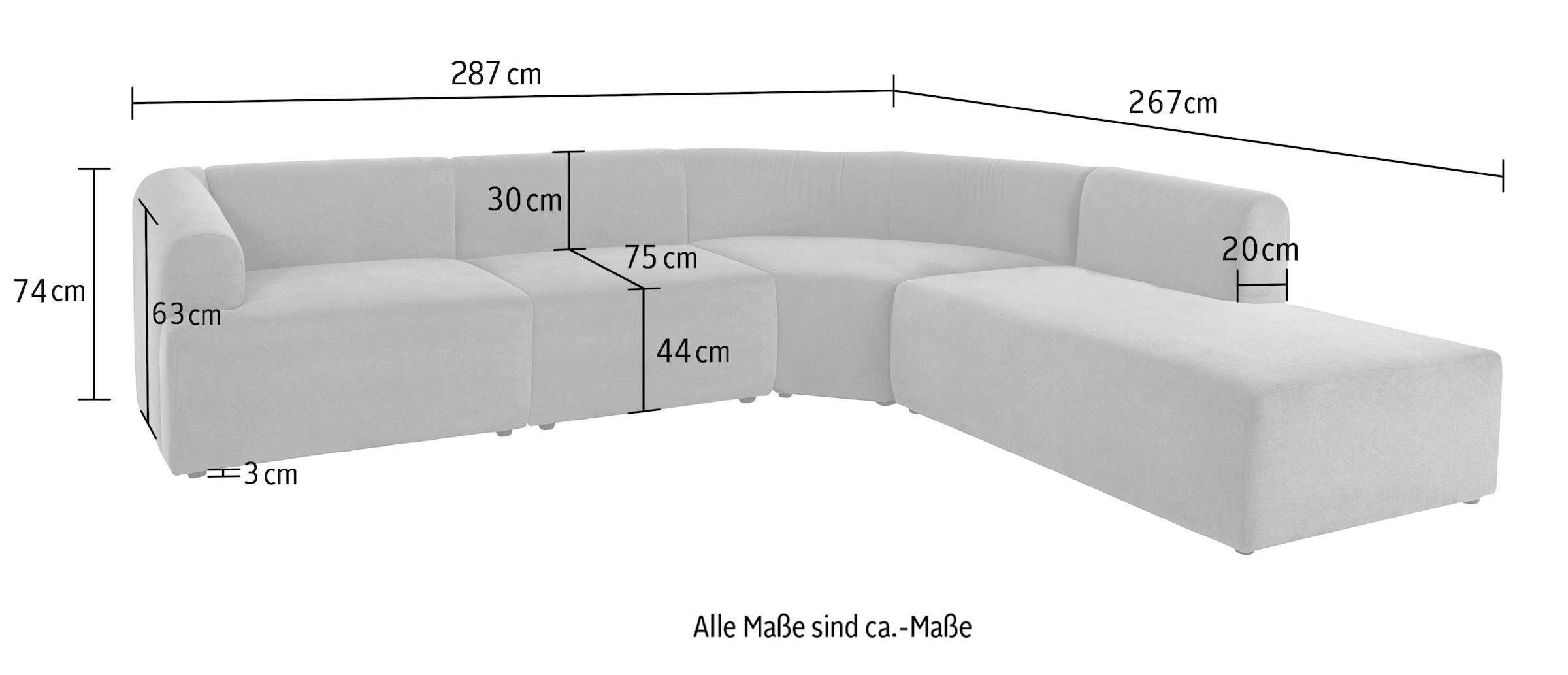 LeGer Home by Lena Gercke Ecksofa »LYZA L-Form links/rechts, Modularsofa, Maße B/T/H: 287/267/74 cm«, als Modul oder separat verwendbar, für individuelle Zusammenstellung