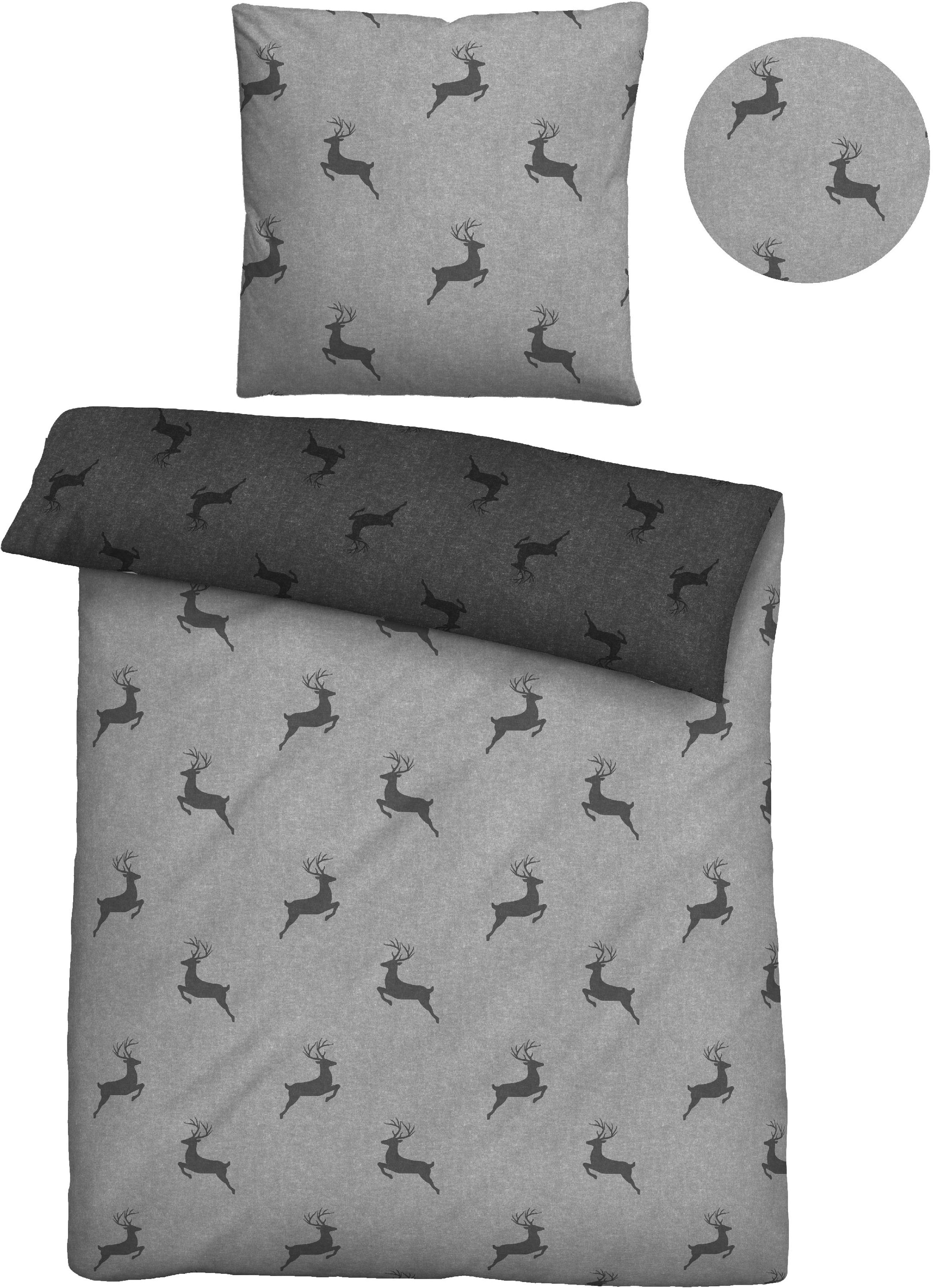 Biberna Wendebettwäsche "Cardo in Gr. 135x200 oder 155x220 cm" 2 Stk. Flanell kuschelig warm im Winter, Bettwäsche mit Hirschen, Weihnachten
