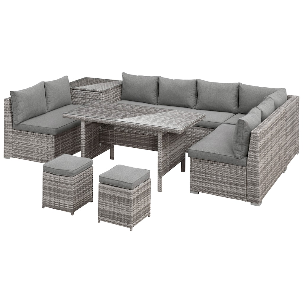 KONIFERA Gartenlounge-Set »Kalamos«, (Set, 23 tlg., 3er-Sofa, 2x 2er Sofa, Ecksofa, 2x Hocker, 2x Tisch, inkl. Auflagen), Polyrattan, Aluminium, 10 Personen, individuell aufstellbar