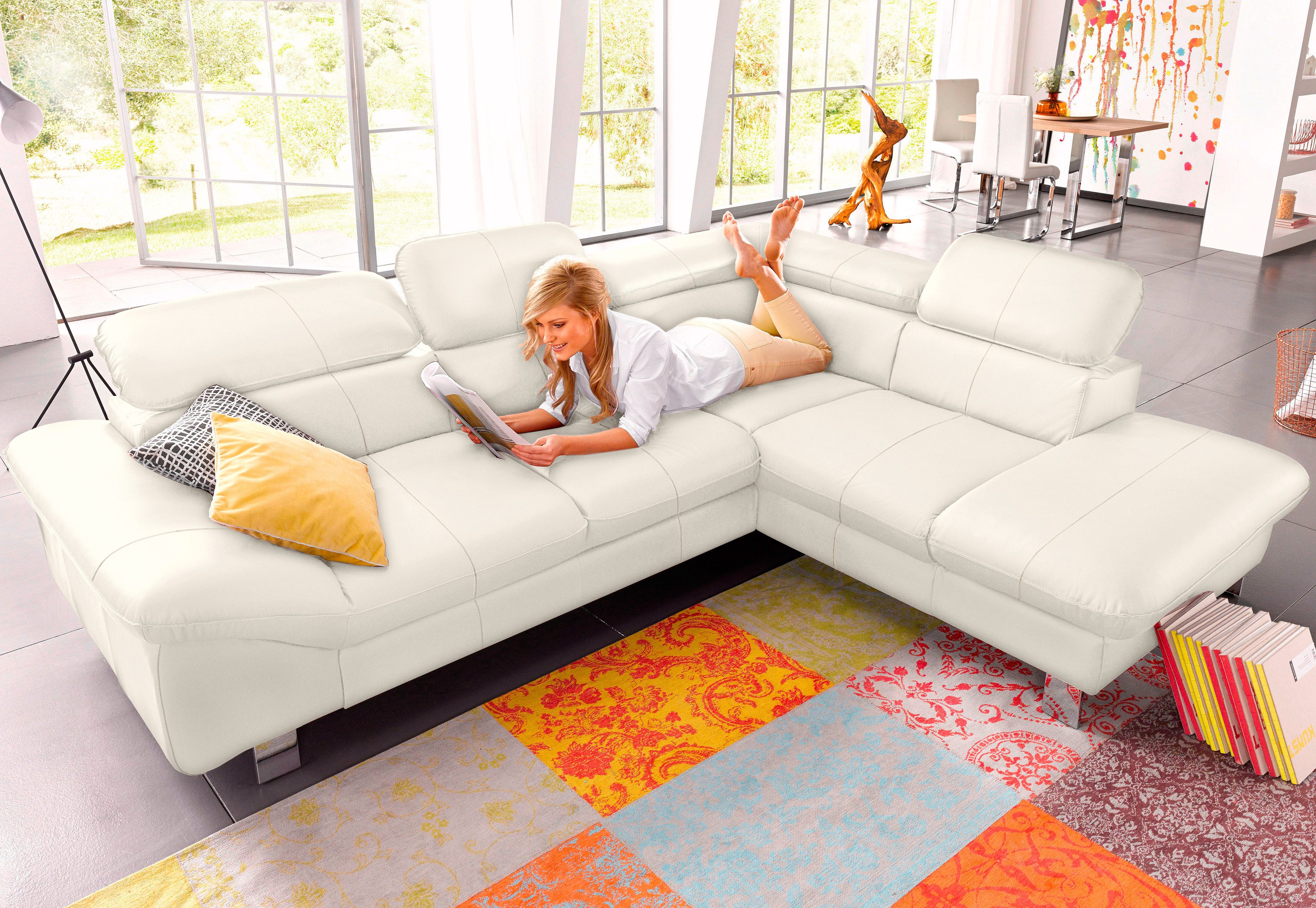 COTTA Ecksofa "Driver L-Form, B: 265 cm, moderne Couch mit Wellenunterfederung, Leder" inkl. 3x Kopfteilverstellung, optional mit Schlaffunktion + Stauraum