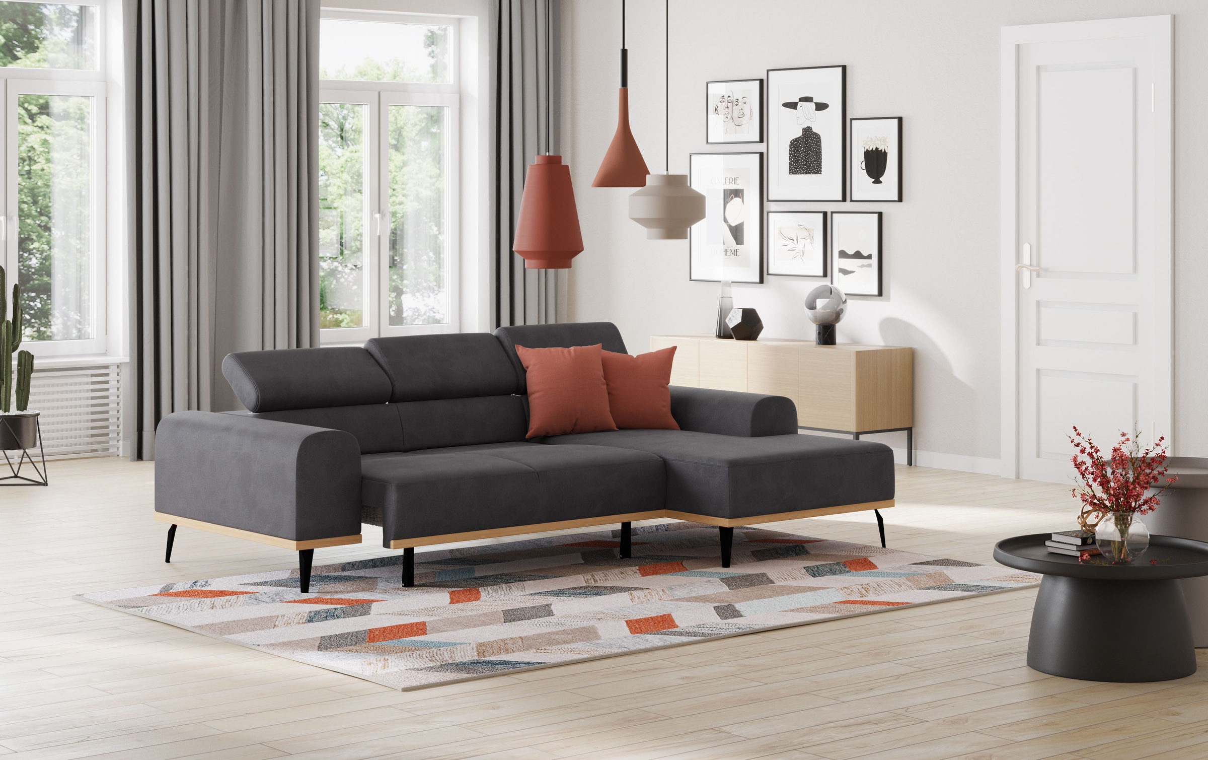 Places of Style Ecksofa »Carlo L-Form«, mit Kopfteilverstellung & Holz-Rahmenoptik, wahlweise Relaxfunktion