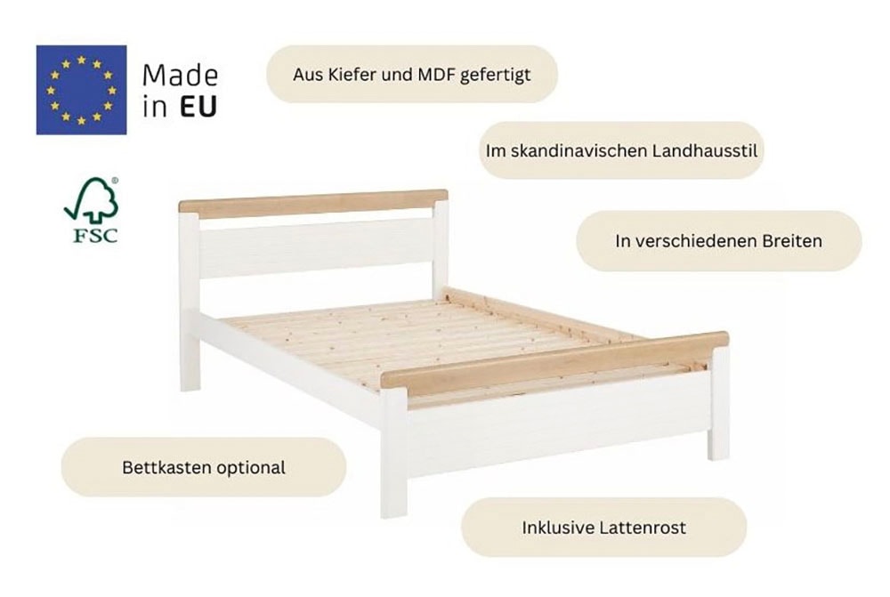 Home affaire Massivholzbett »"CAPRE" im skandinavischem Landhausstil«, in verschiedenen Breiten, zertifiziertes Massivholz, Lamellenoptik