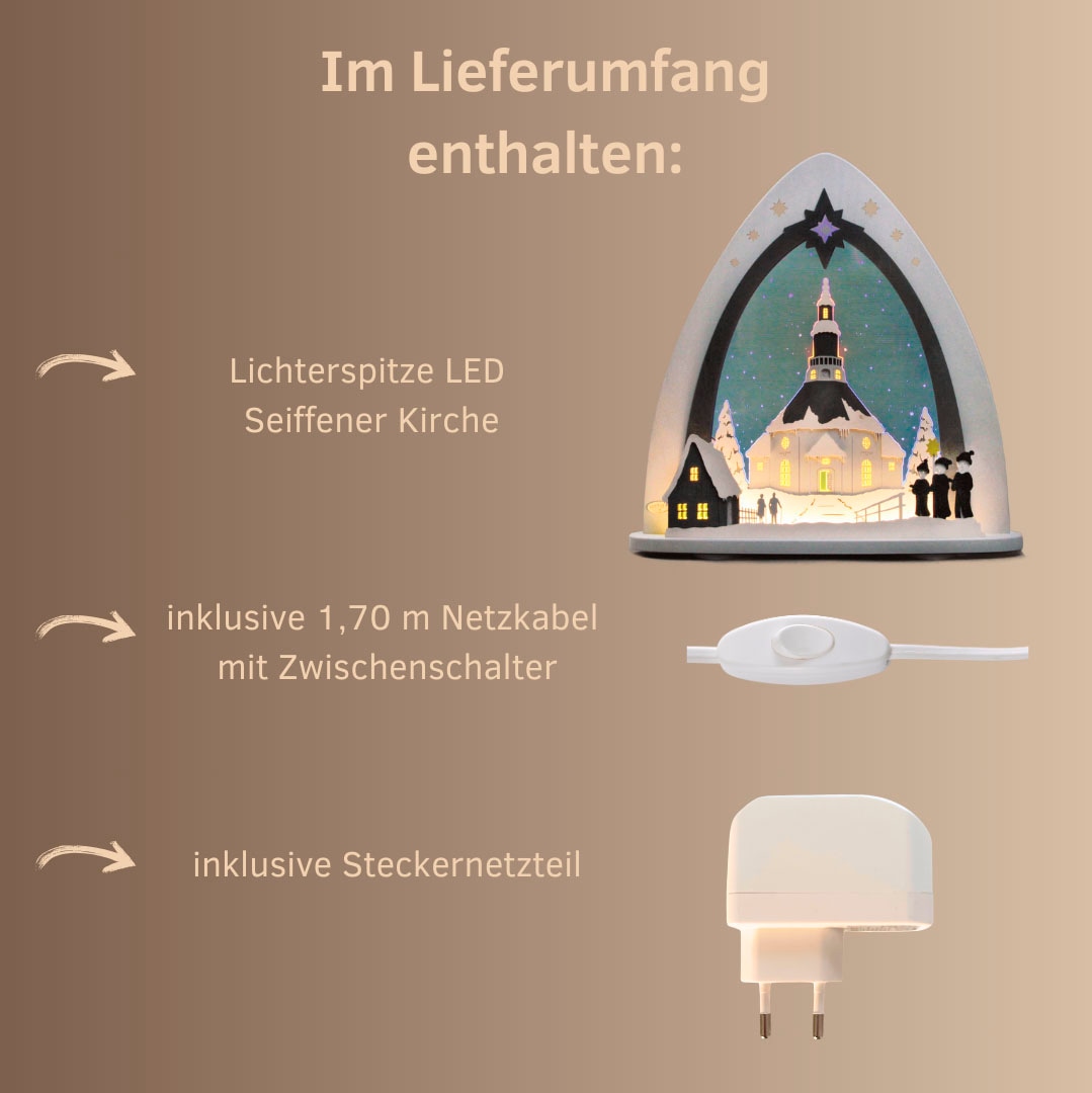 Weigla Lichterbogen »LED Seiffener Kirche, moderne Lichterspitze aus Holz & Acrylglas«, Erzgebirge garantiert, Weihnachtsdeko Innen, Weihnachtsbeleuchtung