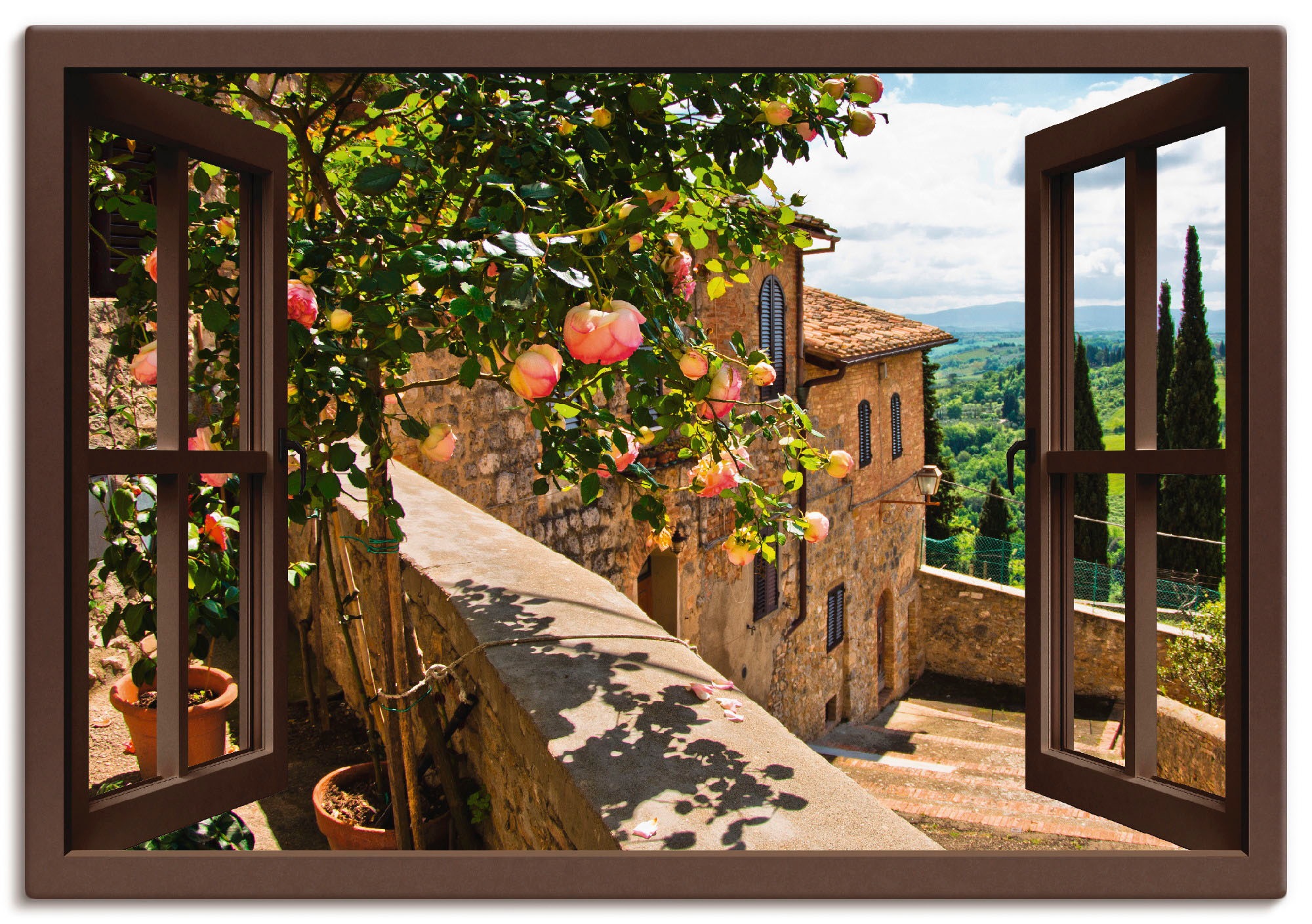 Artland Wandbild »Fensterblick Rosen auf Balkon Toskana«, Garten, (1 St.), als Alubild, Outdoorbild, Leinwandbild, Poster, Wandaufkleber