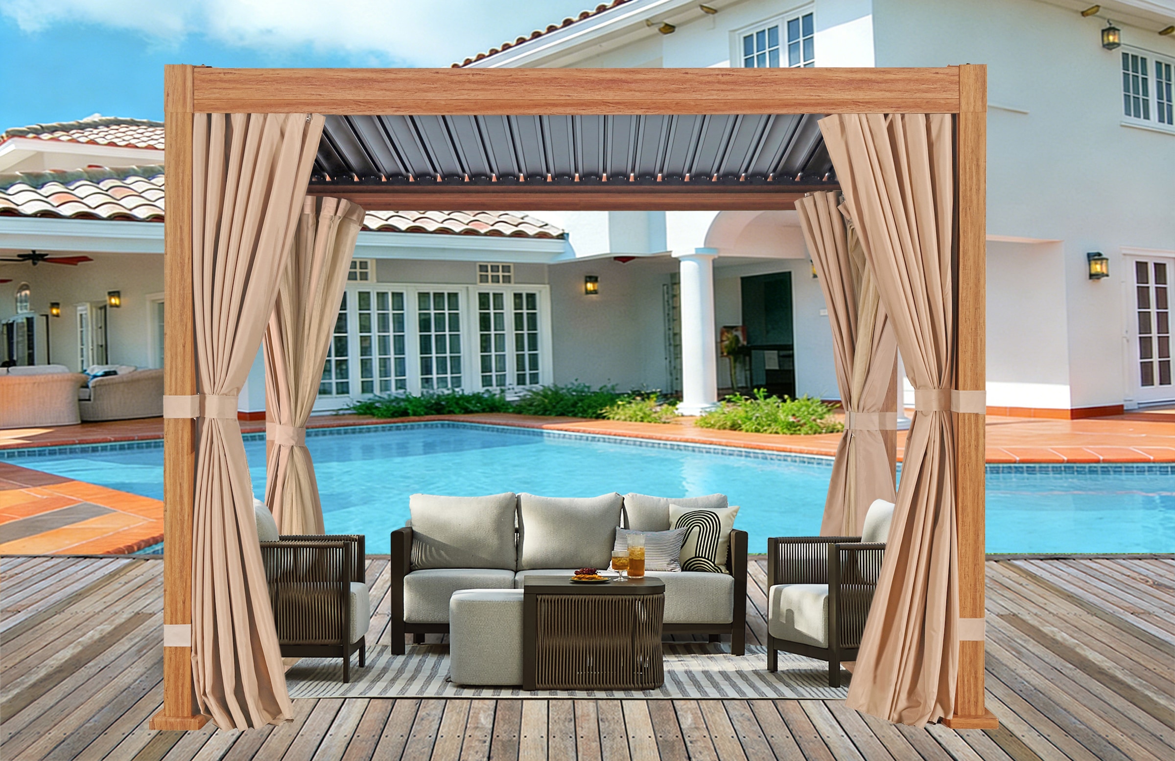 KONIFERA Pavillon "Pergola Alhambra, Terrassendach mit Aluminiumpfosten" 3x3 oder 3x4 m, holzfarben, 4 Seitenteile, verstellbare Dachlamellen