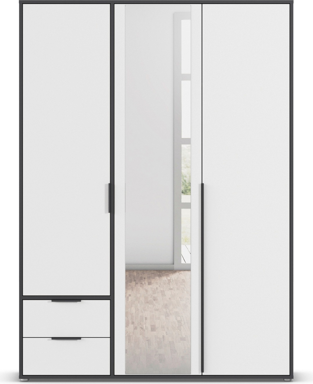 rauch Drehtürenschrank »Kleiderschrank Schrank Garderobe Wäscheschrank NAGATA mit Spiegel«, (in 3 verschiedenen Ausstattungen BASIC/CLASSIC/PREMIUM), und Schubladen sowie Stangengriffen TOPSELLER MADE IN GERMANY