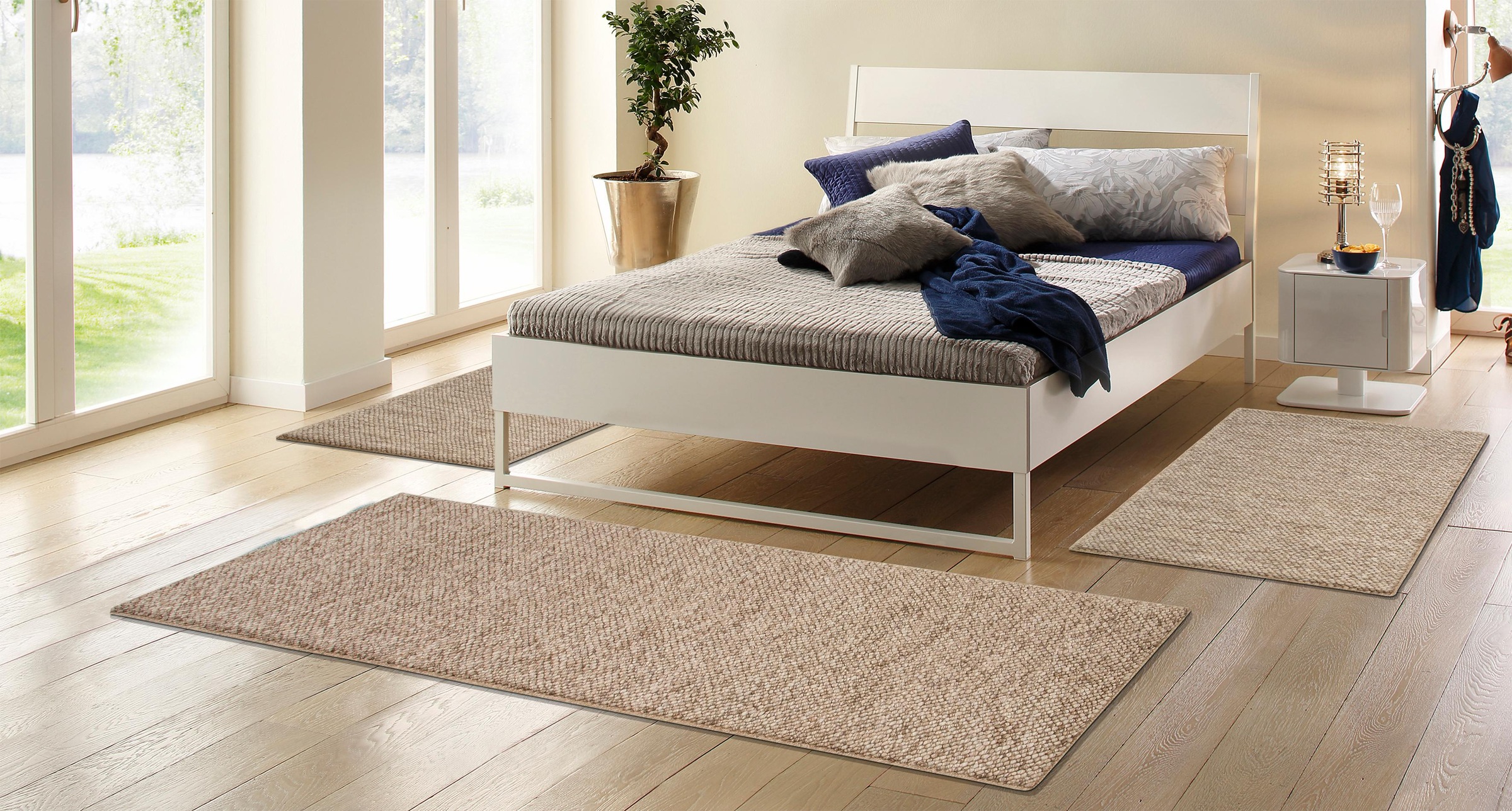 Bettumrandung OTTO HOME "Wolly, Handweb Teppiche" Gr. 14, beige (sand), H:14mm, Obermaterial: 93% Wolle, 7% Polyester, Bettumrandungen, Bettvorleger, Wolle, handgewebt, Läufer-Set Wohnzimmer, Schlafzimmer