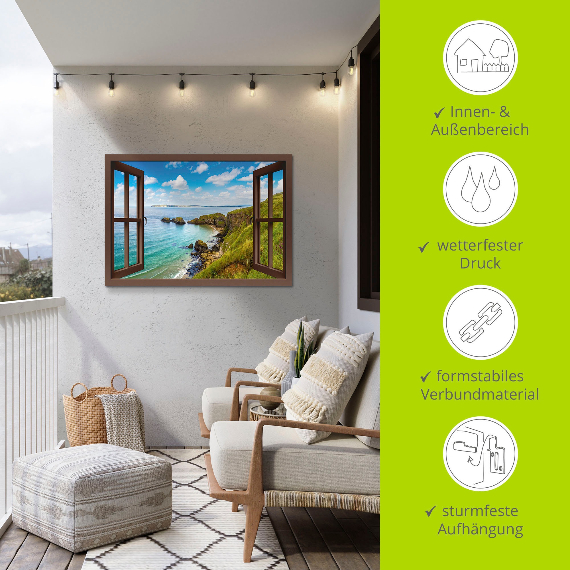 Artland Wandbild »Küstenweg in Nordirland durchs Fenster«, Meer Bilder, (1 St.), als Alubild, Outdoorbild, Leinwandbild, Wandaufkleber, versch. Größen