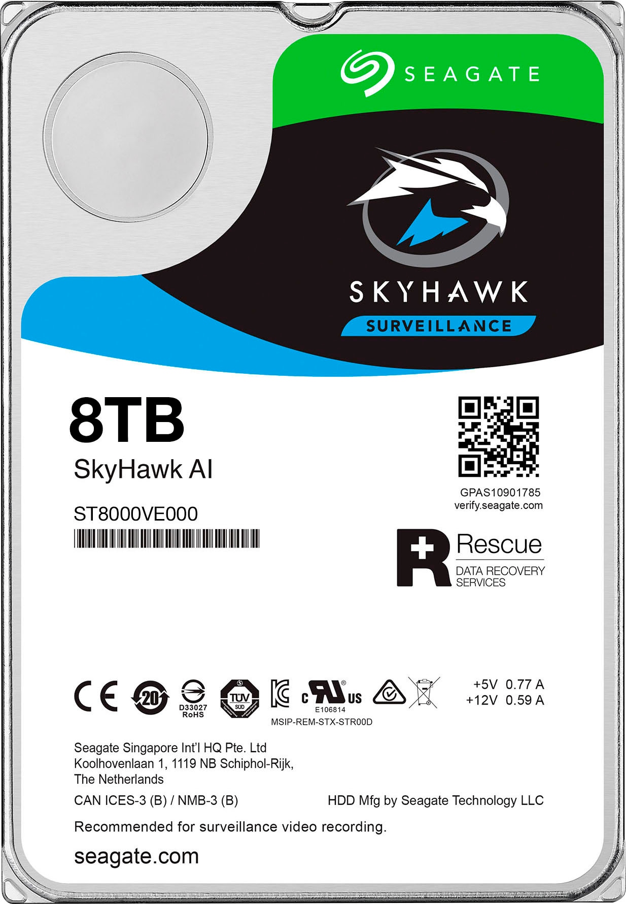 Seagate HDD-Festplatte »SkyHawk AI«, 3,5 Zoll, Anschluss SATA III, Bulk, inkl. 3 Jahre Rescue Data Recovery Services