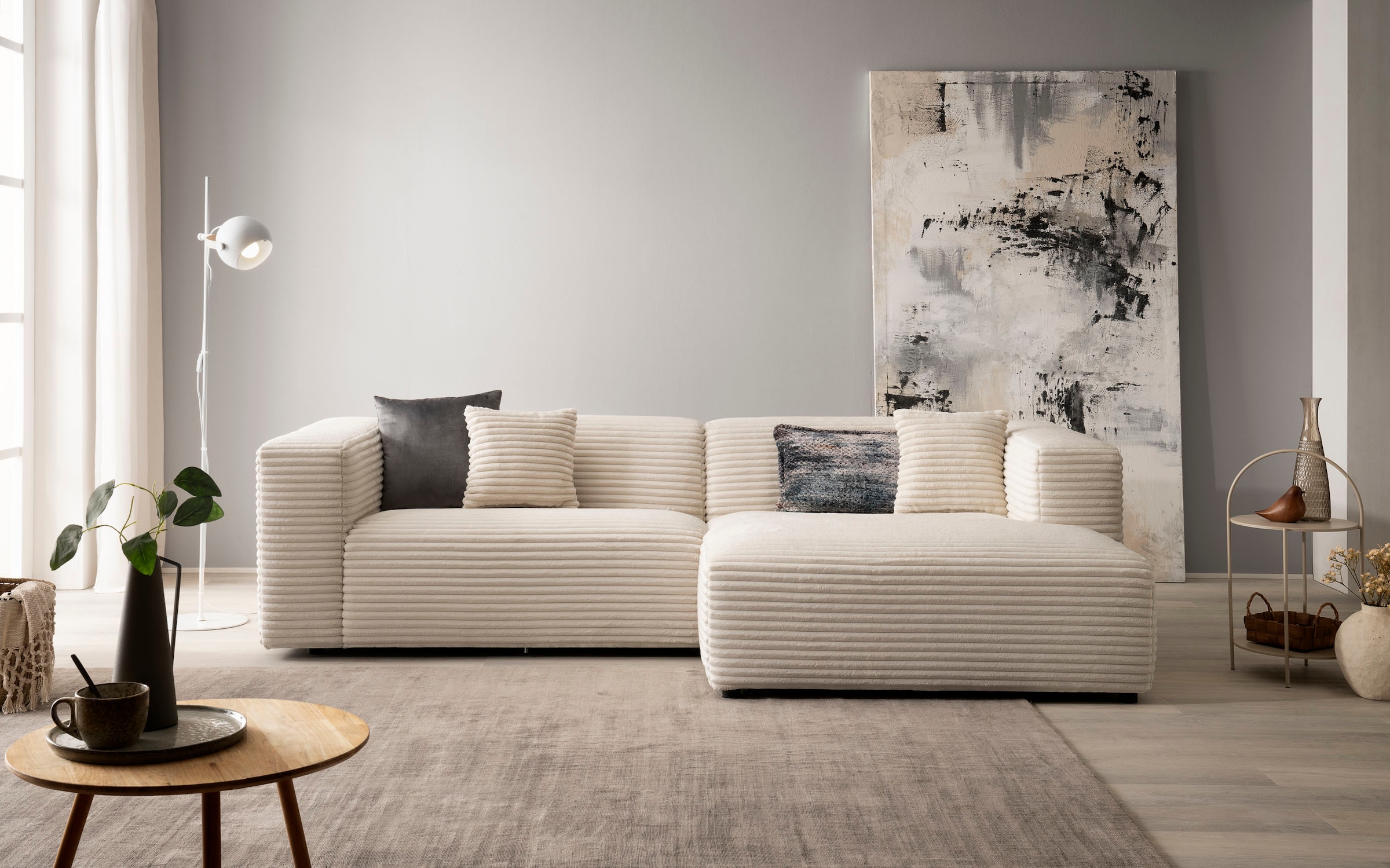 andas Ecksofa »BAKELS, L-Form in Cord oder Boucle-Stoff, moderne Couch«, wahlweise Recamiere rechts/links, bequemer Sitzkomfort