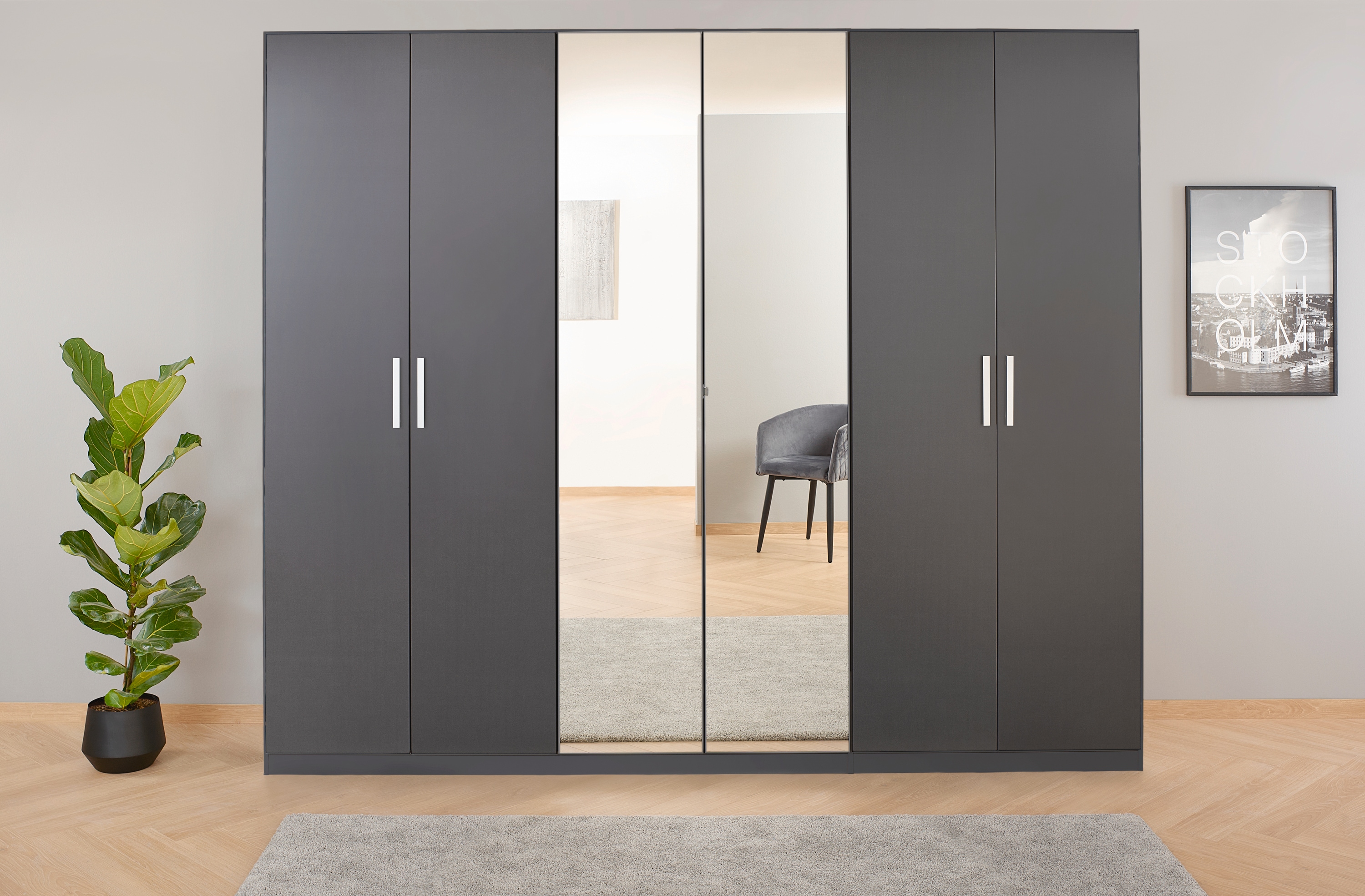 Drehtürenschrank RAUCH, B:271cm H:210cm T:54cm, grau, Holzwerkstoff, Schränke, "Kleiderschrank Schrank Garderobe Ankleide KOLUNA mit Dekor-Front",