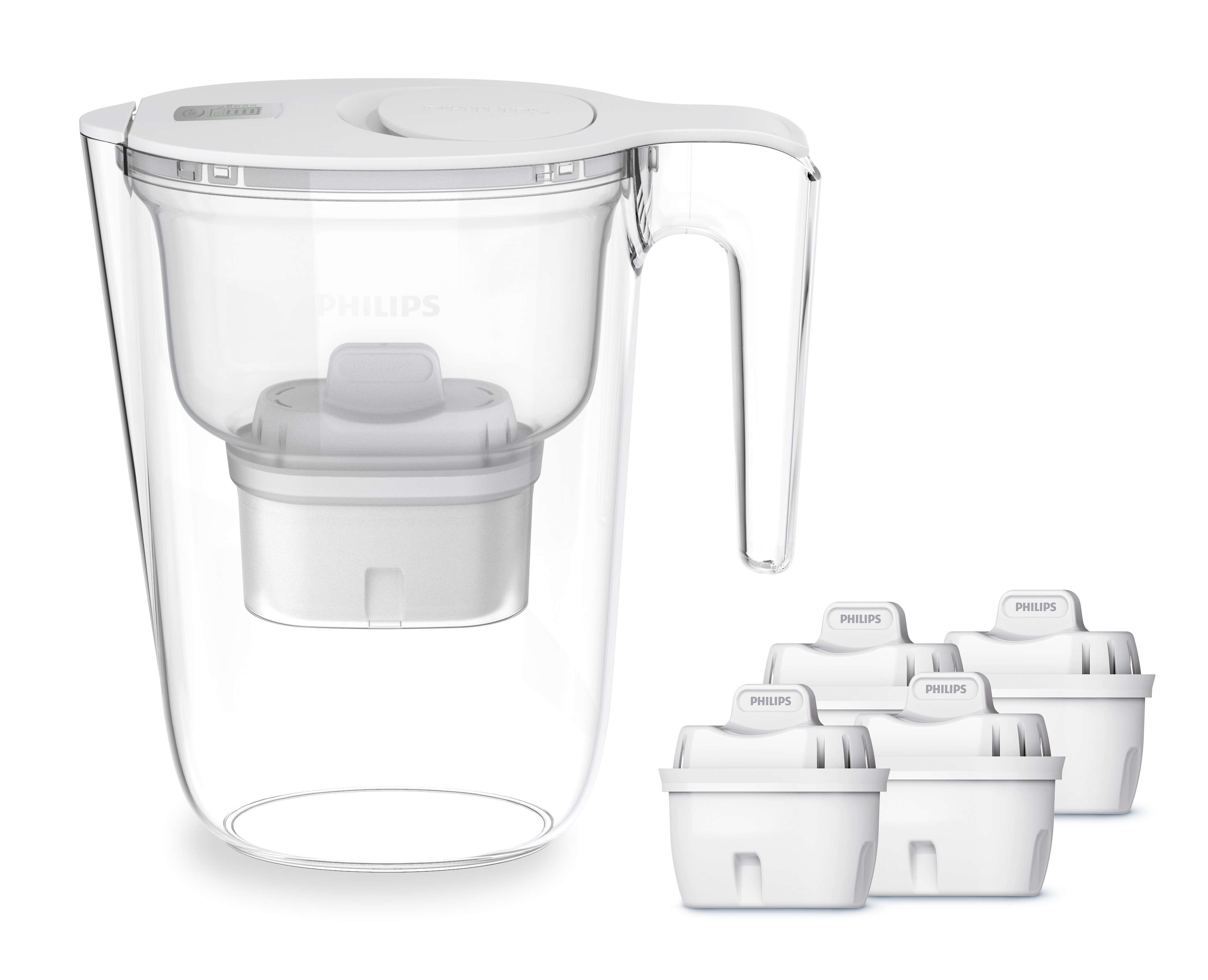 Philips Kalk- und Wasserfilter "Philips Wasserfilter-Kanne 2,6L weiß inkl. 4 Filterkartuschen" Set, 5 Stk. tlg. Reduziert den TDS Wert