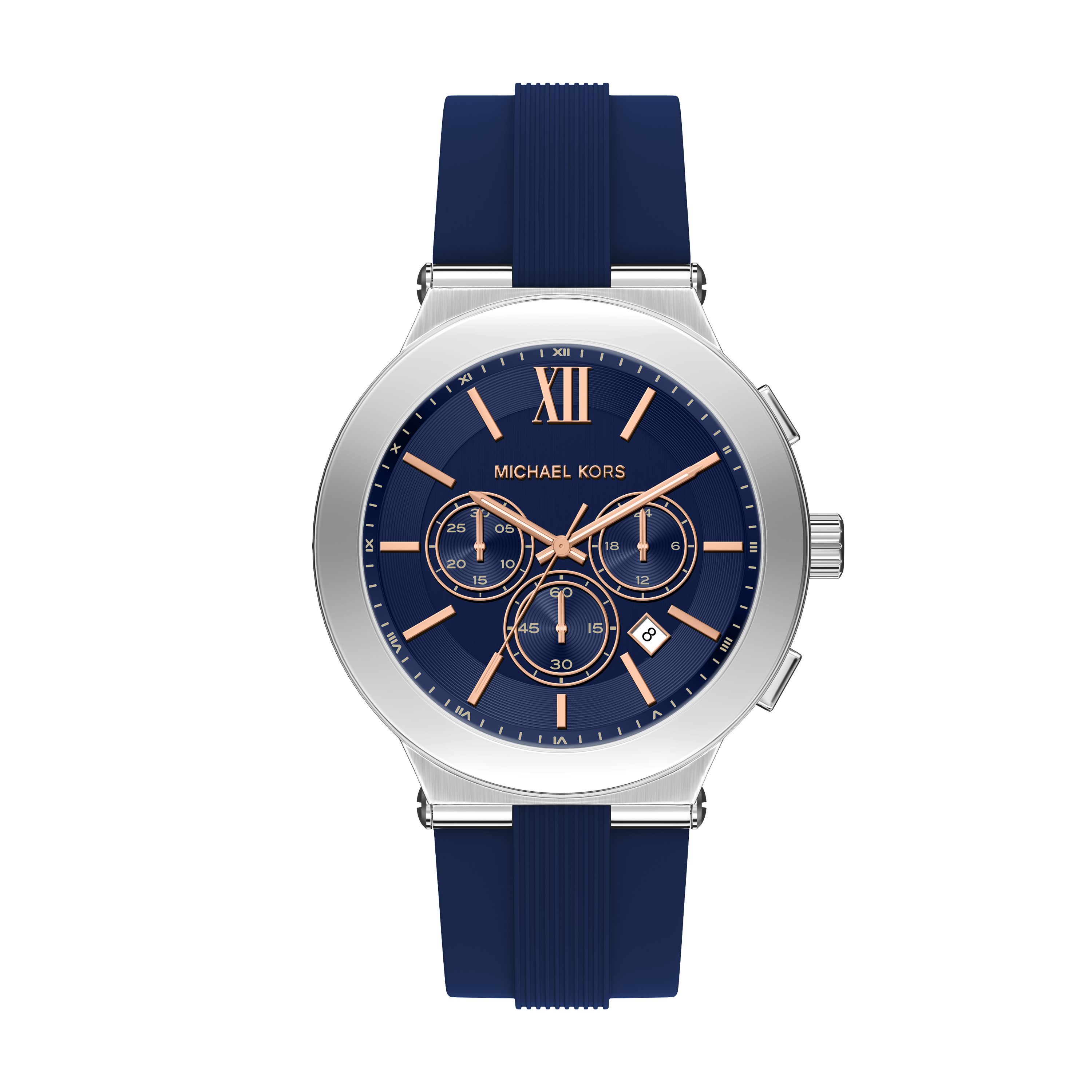Chronograph MICHAEL KORS "BILLIE", blau, silberfarben, Armbanduhren, Herren, Chronograph, Quarzuhr, Armbanduhr, Herrenuhr, Silikonarmband, analog, Tag