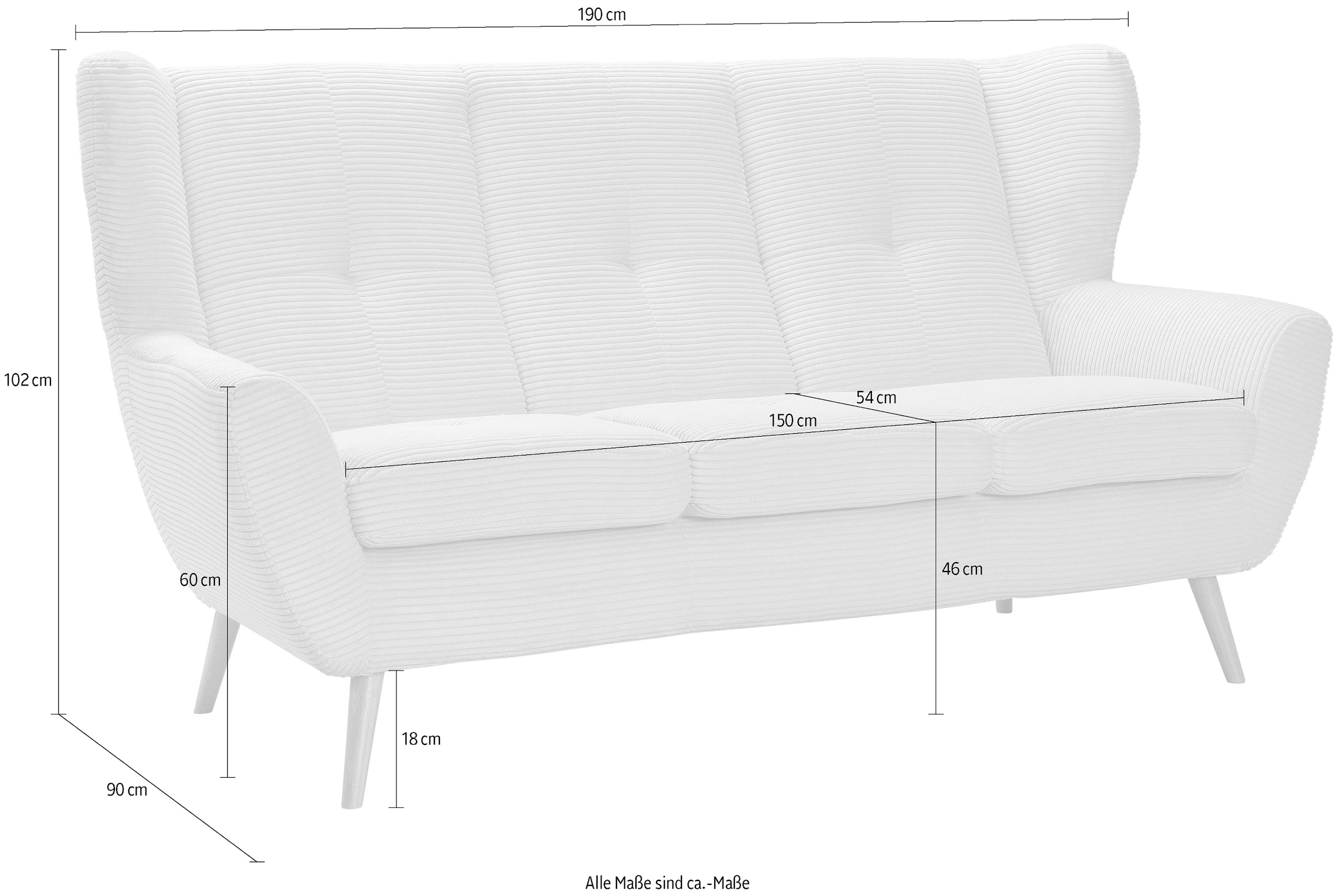 exxpo - sofa fashion 3-Sitzer »ALVESTA, Loungesofa, Küchensofa, hoher Sitzkomfort, Ohrenbackensofa«, gemütliche Rückenlehne, mit Knopfheftung und hohen Holzfüßen, in Cord