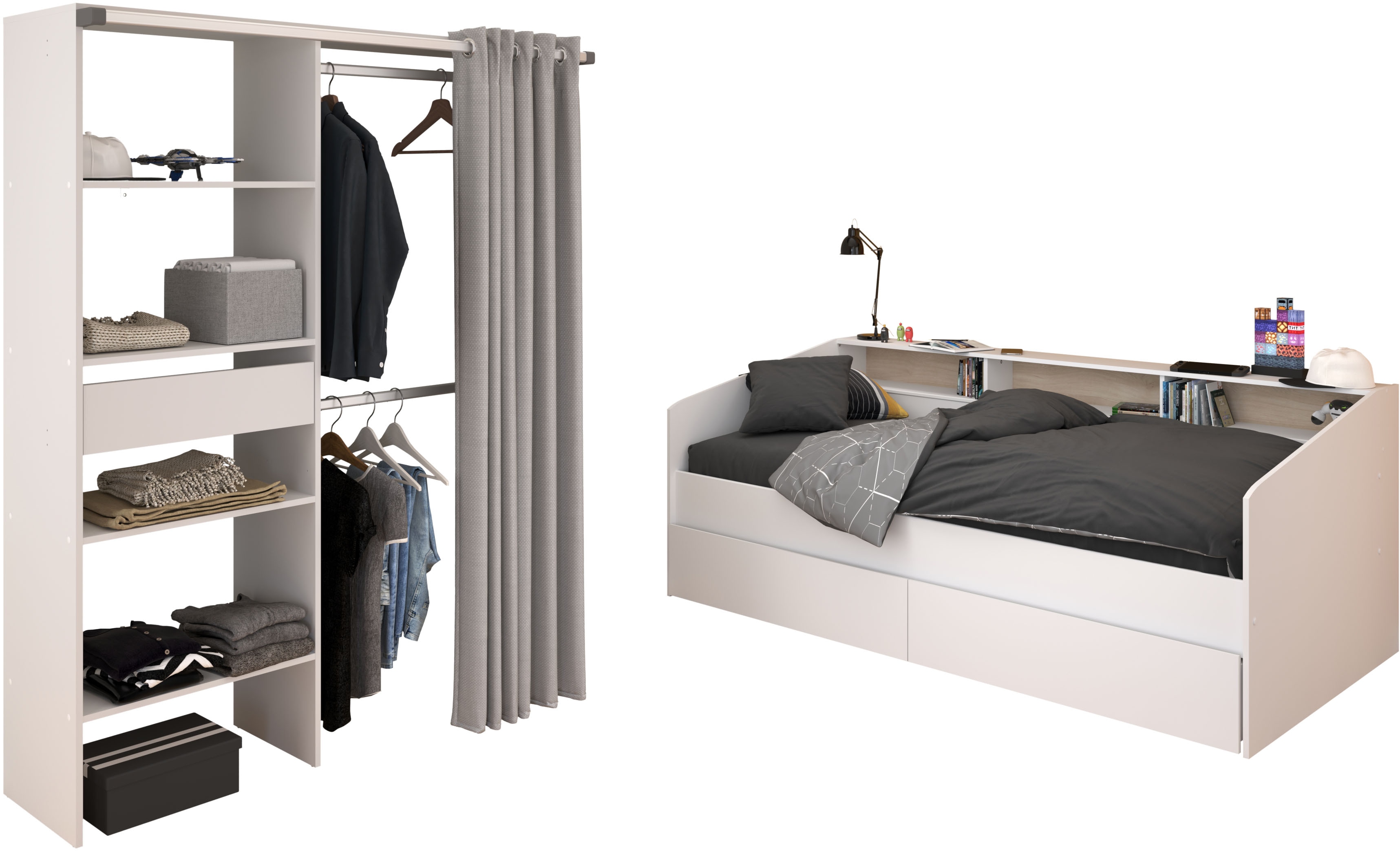 Parisot Jugendzimmer-Set "Parisot Sleep 11" Set, 2 tlg. Rückwand am Bett drehbar - Weiss oder Eiche
