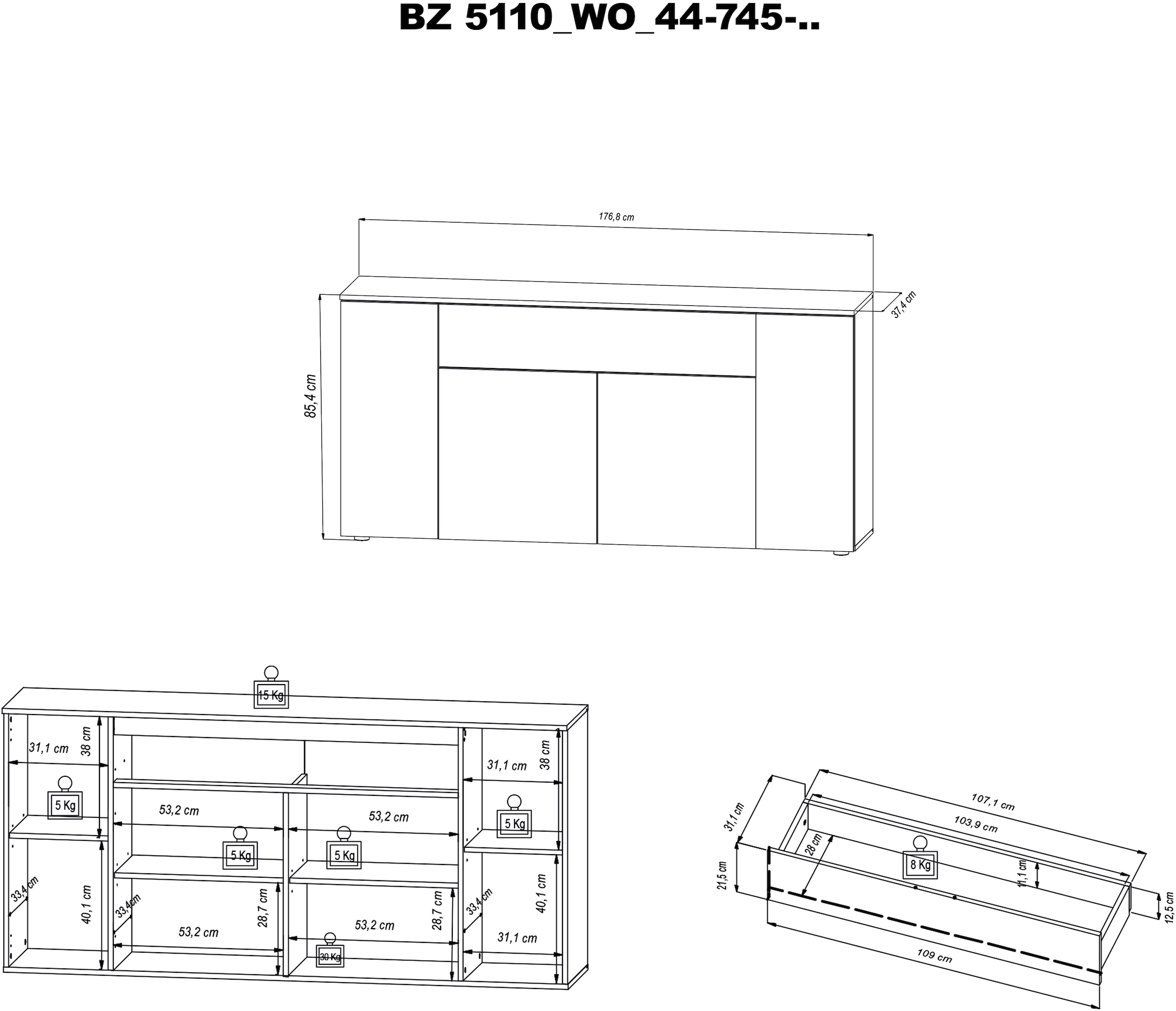 HBZ Sideboard »BZ 5110 Wohnzimmerschrank, BxHxT 177x85x37 cm«, (1 St.), Wohnzimmerschrank mit 4 Türen, 1 Schubkasten, 4 Einlegeböden