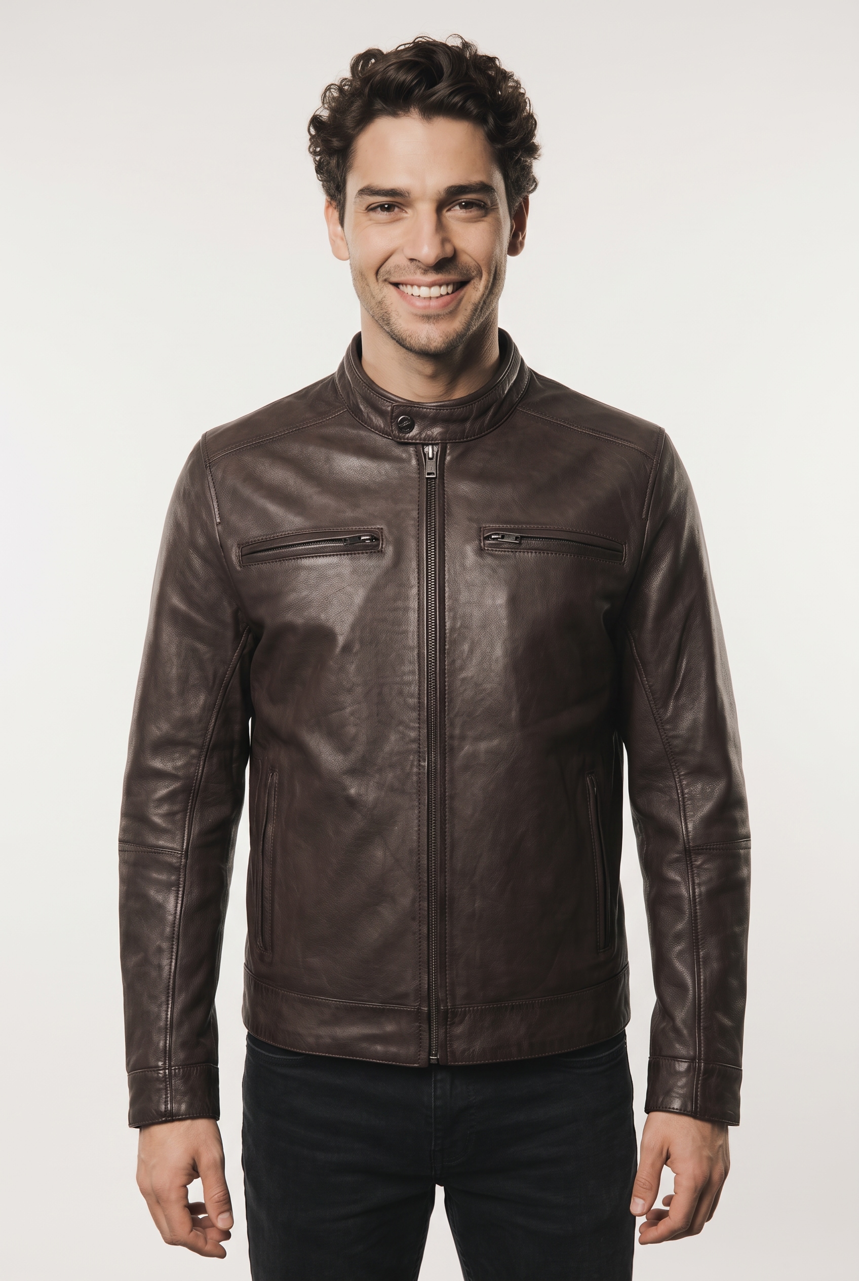 Mauritius Lederjacke "MMBlaco" im Biker-Stil mit Stehkragen und Drucker