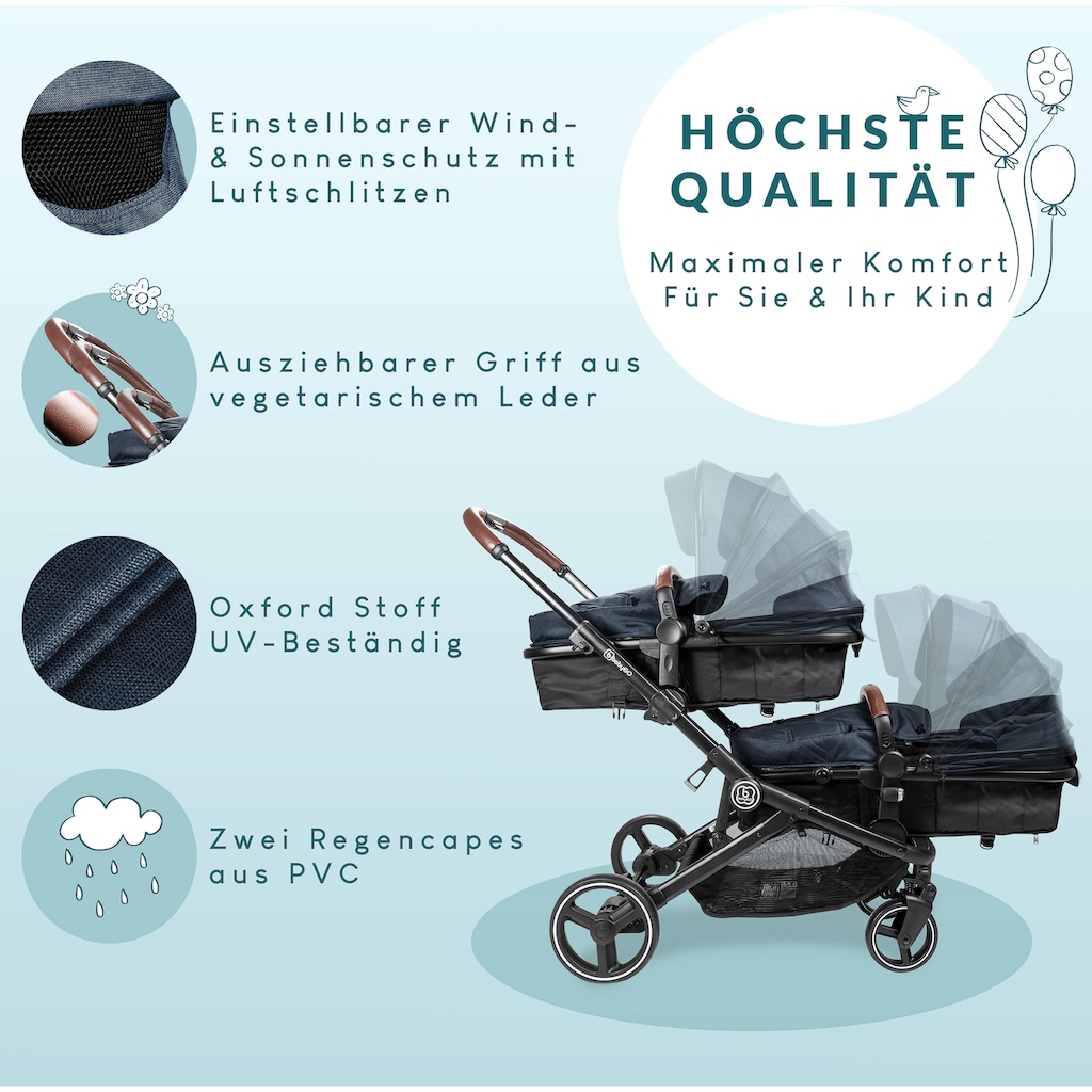 BabyGo Zwillingswagen »Twinner, Grey melange«, inkl. 2 Regenhauben, 2 Nachtlichter u. Wickeltasche; Geschwisterwagen