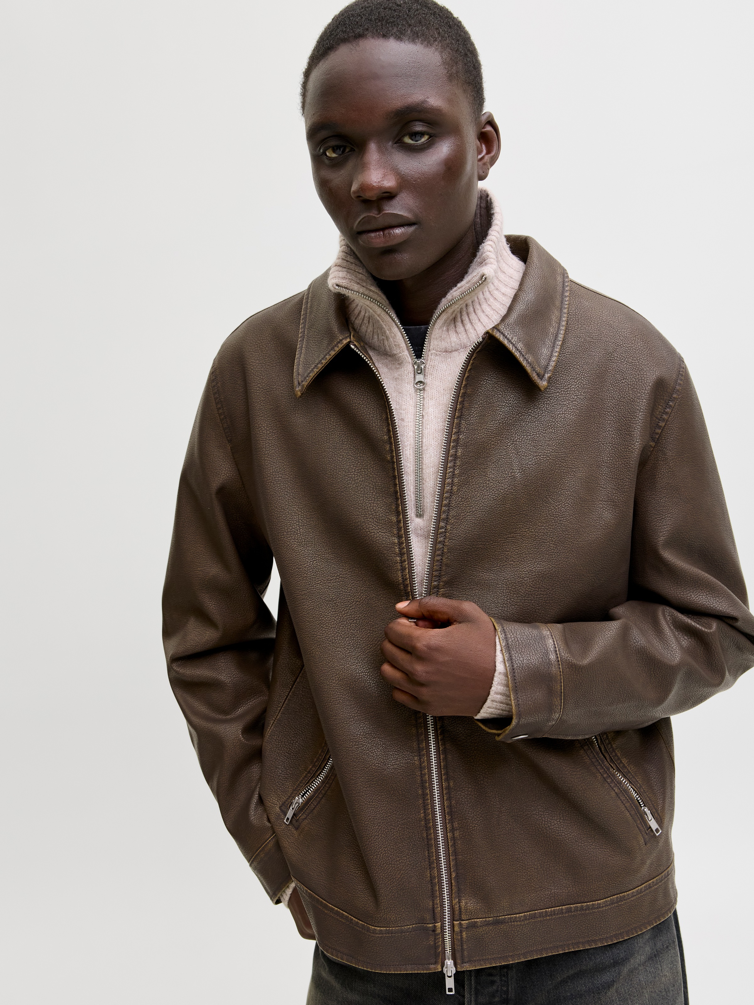 Jack & Jones Bikerjacke "JJECASABLANCA PU JACKET NOOS" ohne Kapuze mit Fron günstig online kaufen